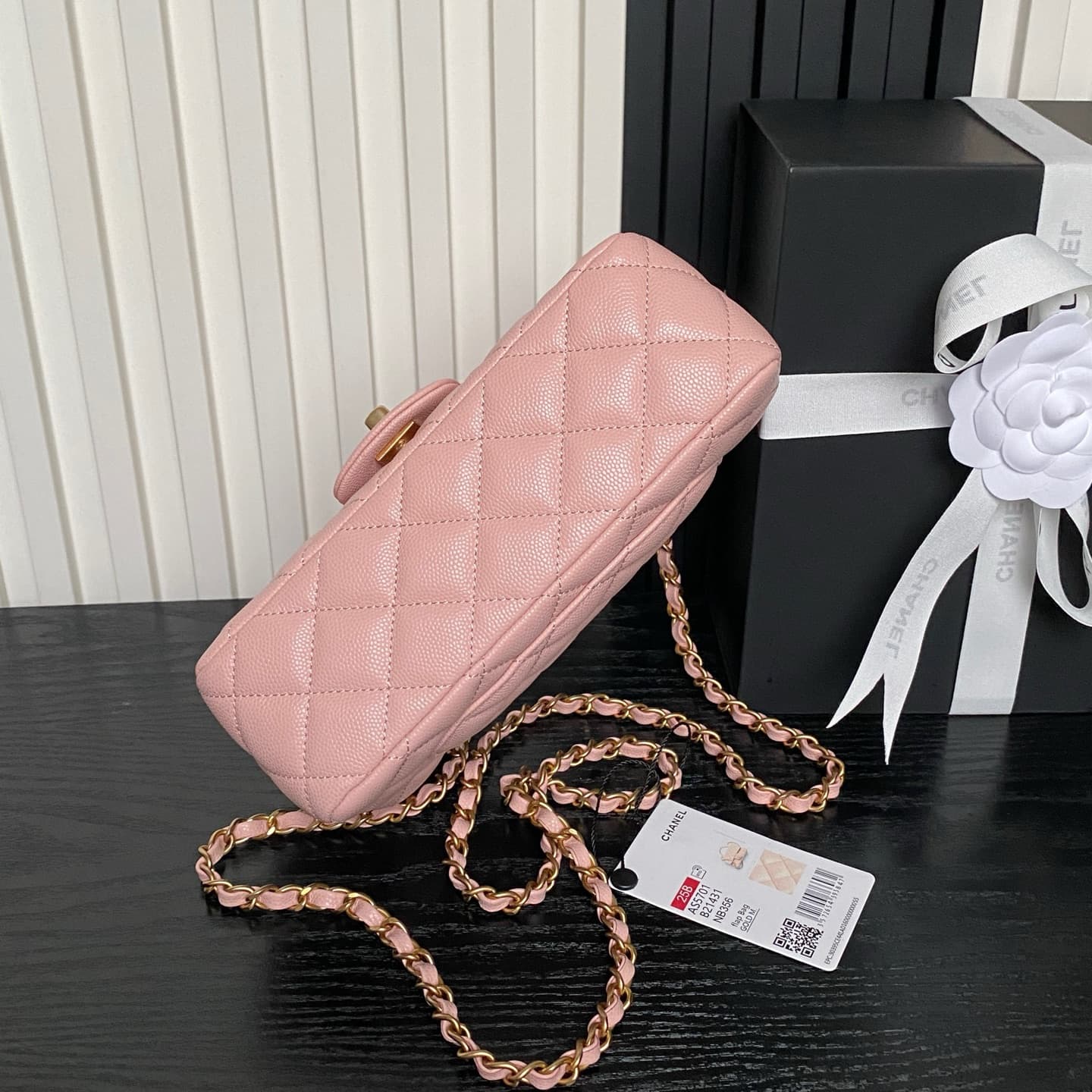 Chanel Mini Flap Bag with Top Handle Grained Shiny Calfskin &  Gold-Tone Metal Pink AS5702 A