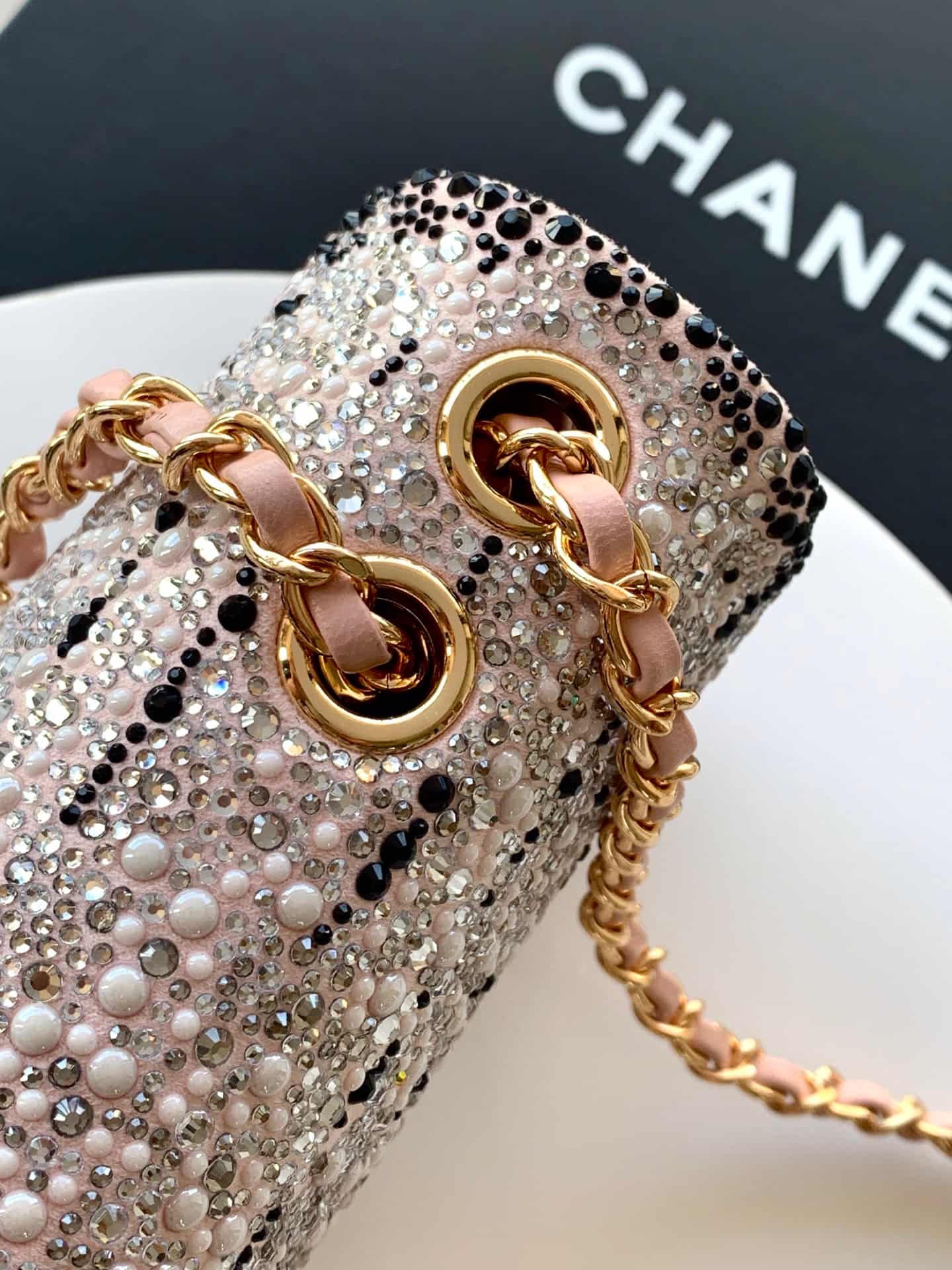Chanel Classic Mini Flap Bag Strass Imitation Pearls & Gold-Tone Metal  Dark Pink 6171 A