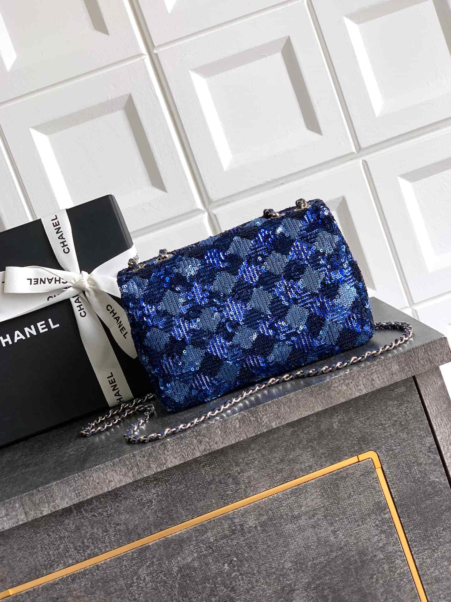 Chanel Classic Mini Flap Bag Sequins Embroidery & Gold-Tone Metal Blue 6171 A