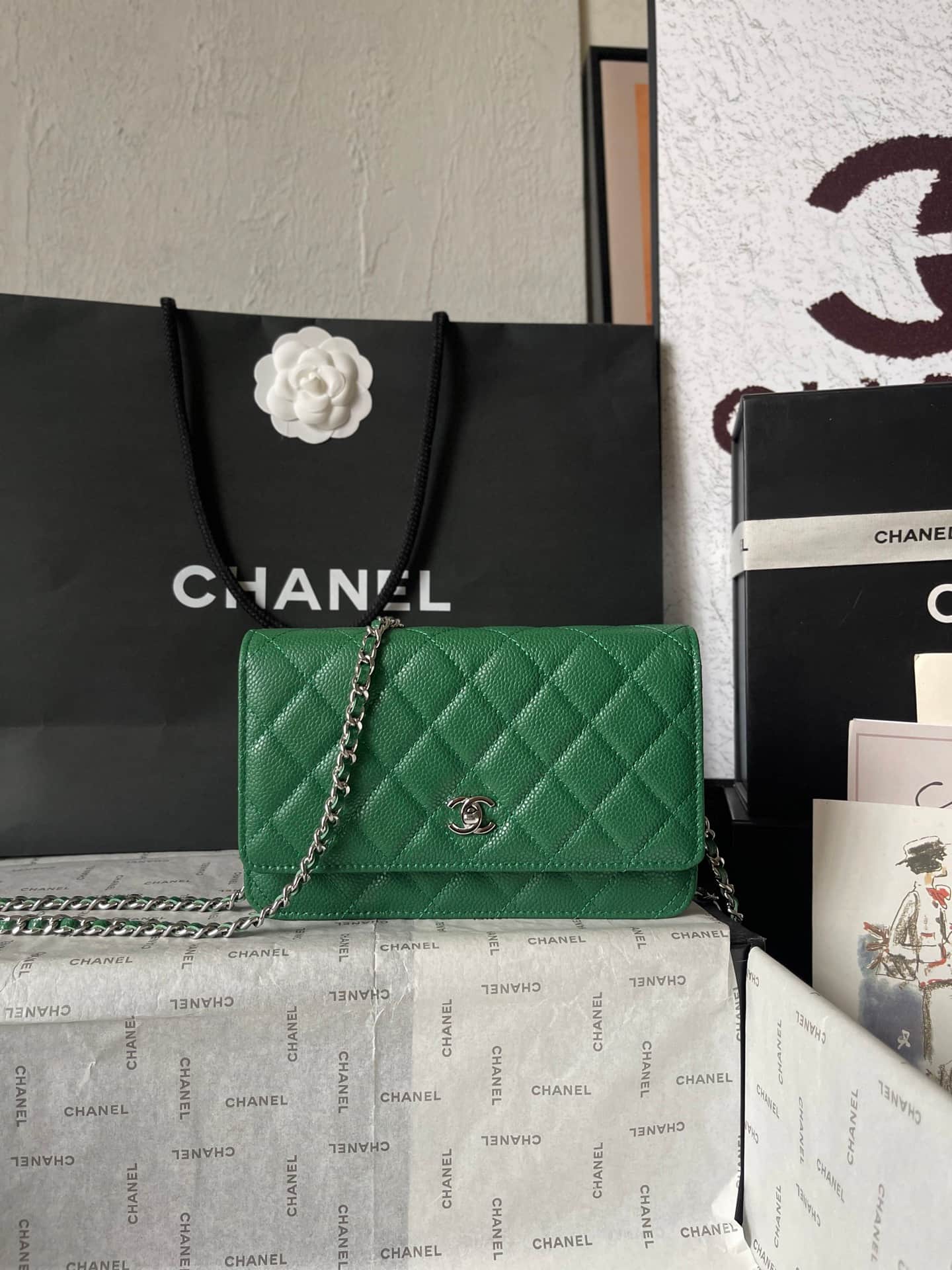 Chanel Classic Wallet on Chain Grained Shiny Calfskin & Silver-Tone Metal AP4241 Green A