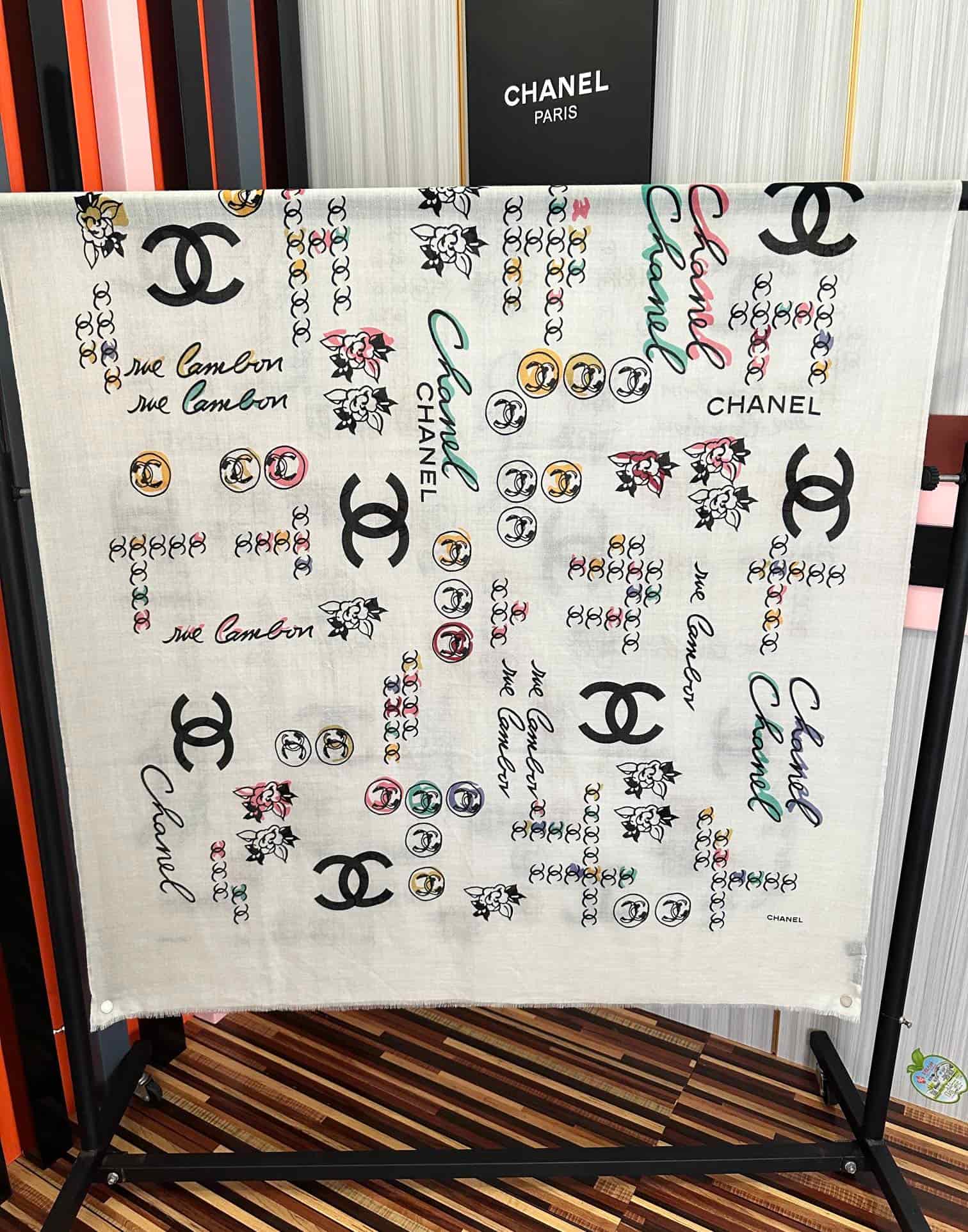 Chanel Silk scarf featuring  Camelia logo and Cambon print
