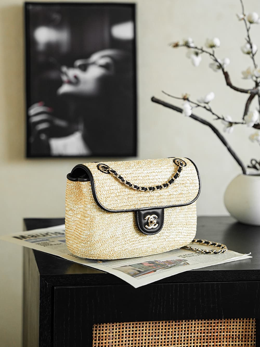 Chanel Coco Beach Small Flap Bag Braided Straw Lambskin & Gold-tone Metal AS6017 A