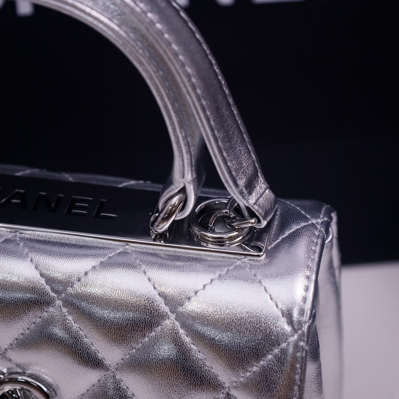 Chanel MINI FLAP BAG WITH TOP HANDLE AS4654 Lambskin & Silver-Tone Metal Silver A