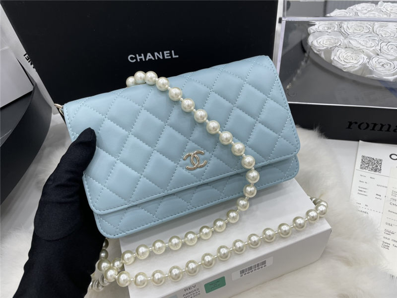 Chanel Wallet on Chain Lambskin Imitation Pearls & Gold-Tone Metal Blue High