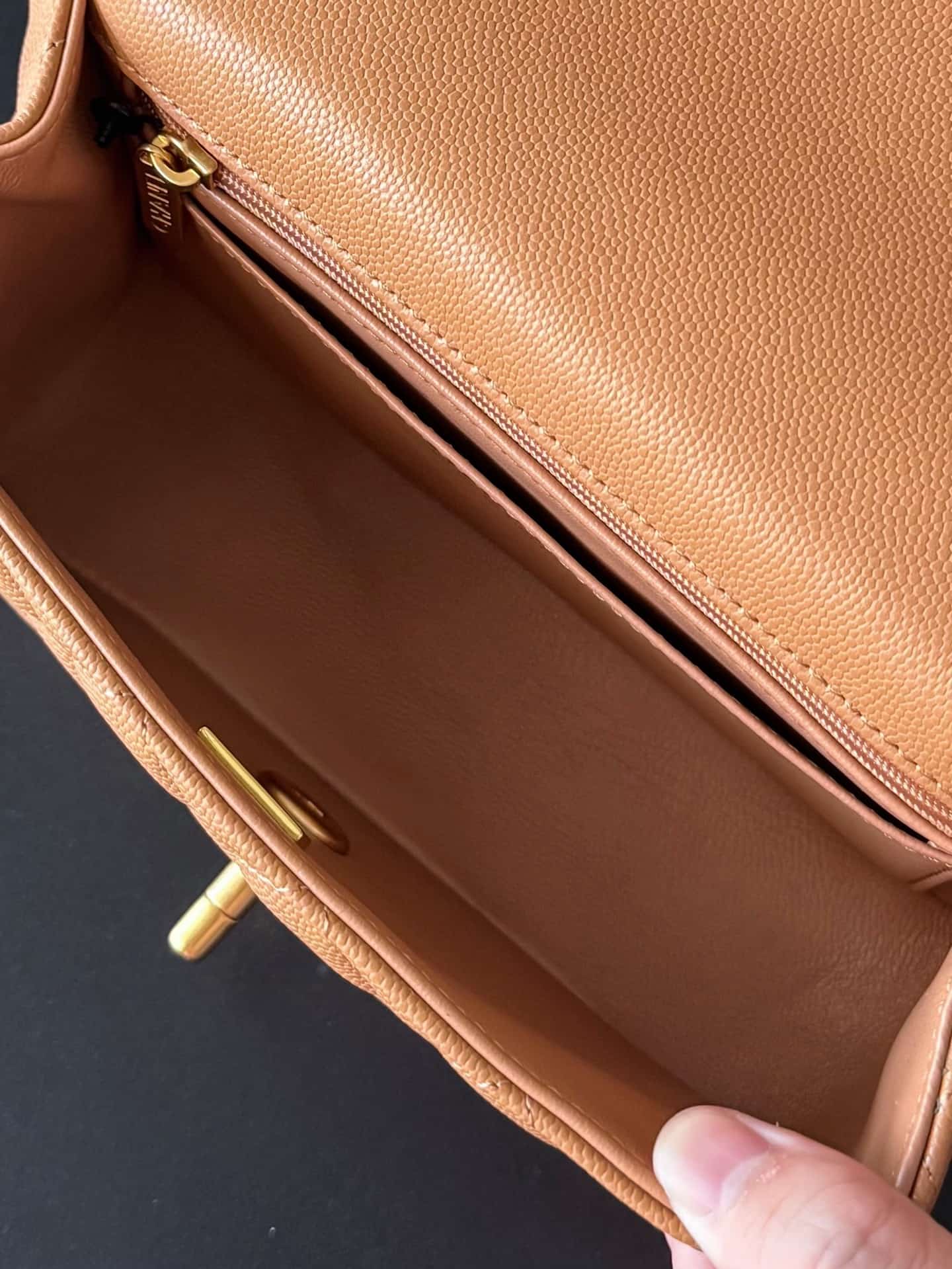 Chanel Mini Flap Bag with Top Handle Grained Shiny Calfskin & Gold-Tone Metal Caramel AS5701 TOP