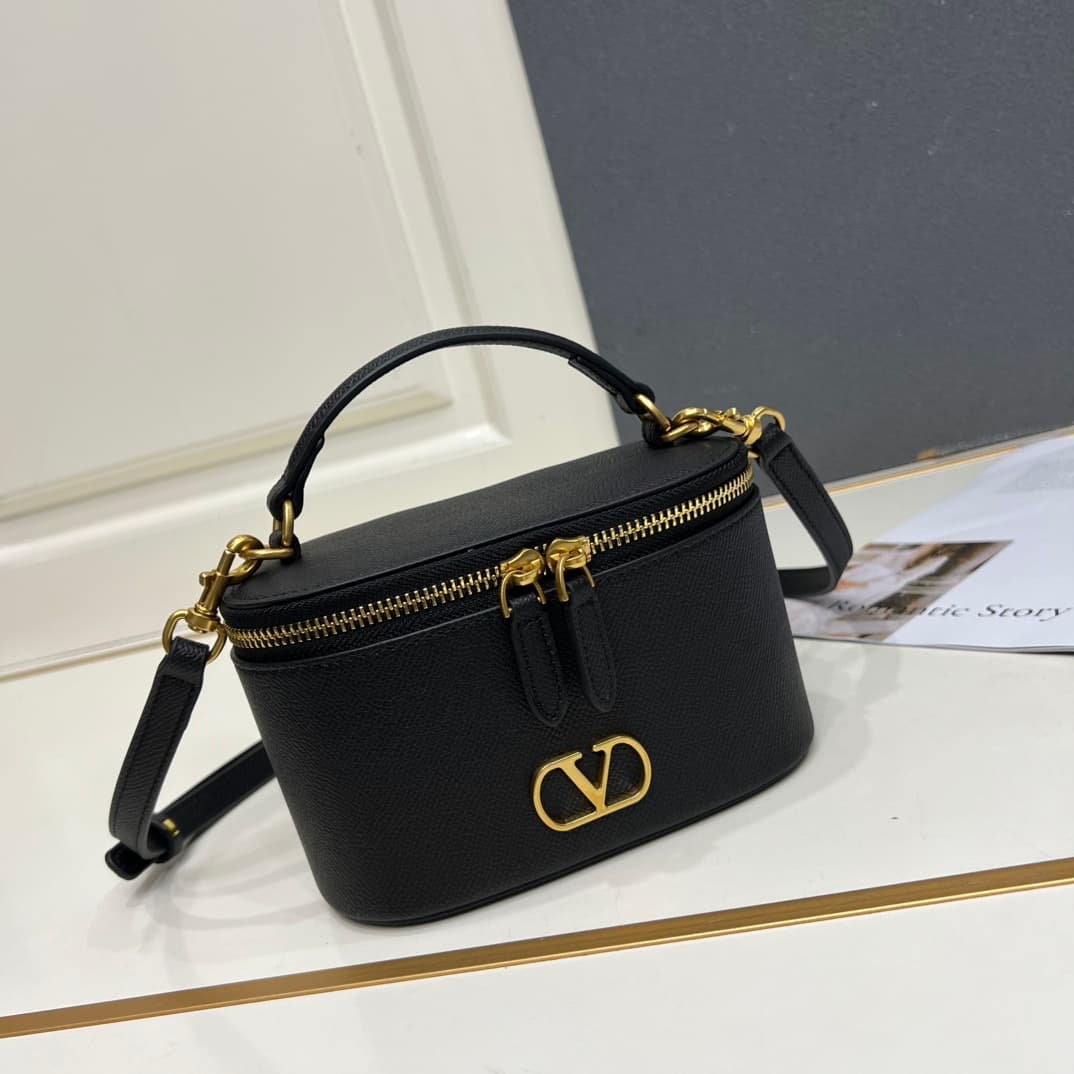 Valentino Garavani VLogo Signature Mini Vanity Bag in Black Calfskin Mid