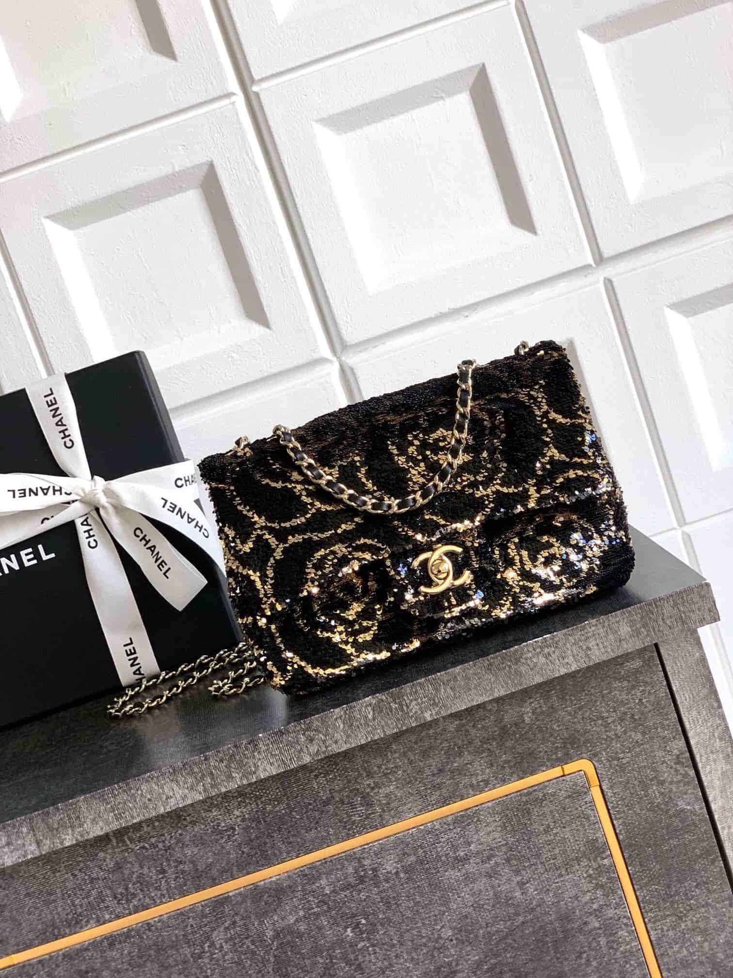 Chanel Classic Mini Flap Bag Sequins With Camellia Motif  & Gold-Tone Metal Black 6171 A