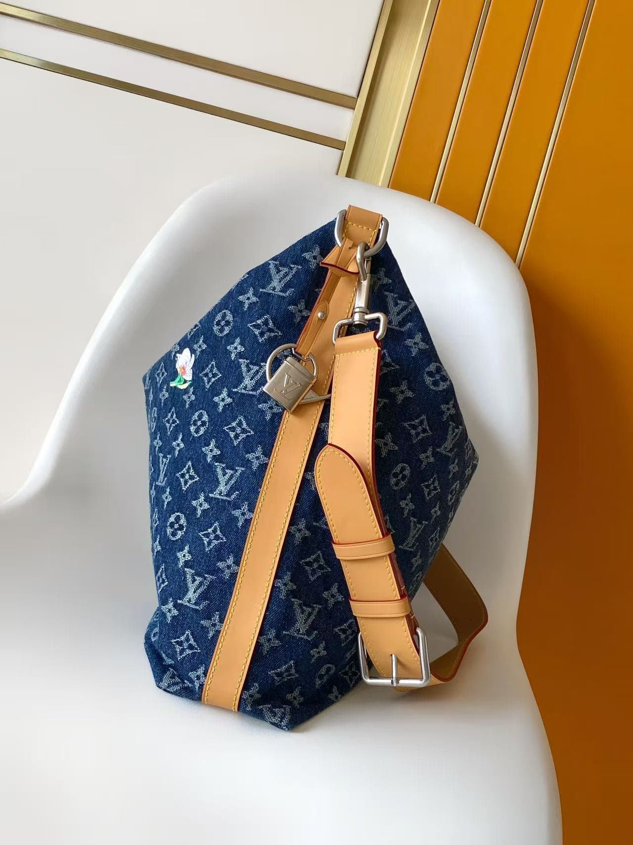 Louis Vuitton Vagabond Hobo Blue Monogram Flowers Denim M27555 High
