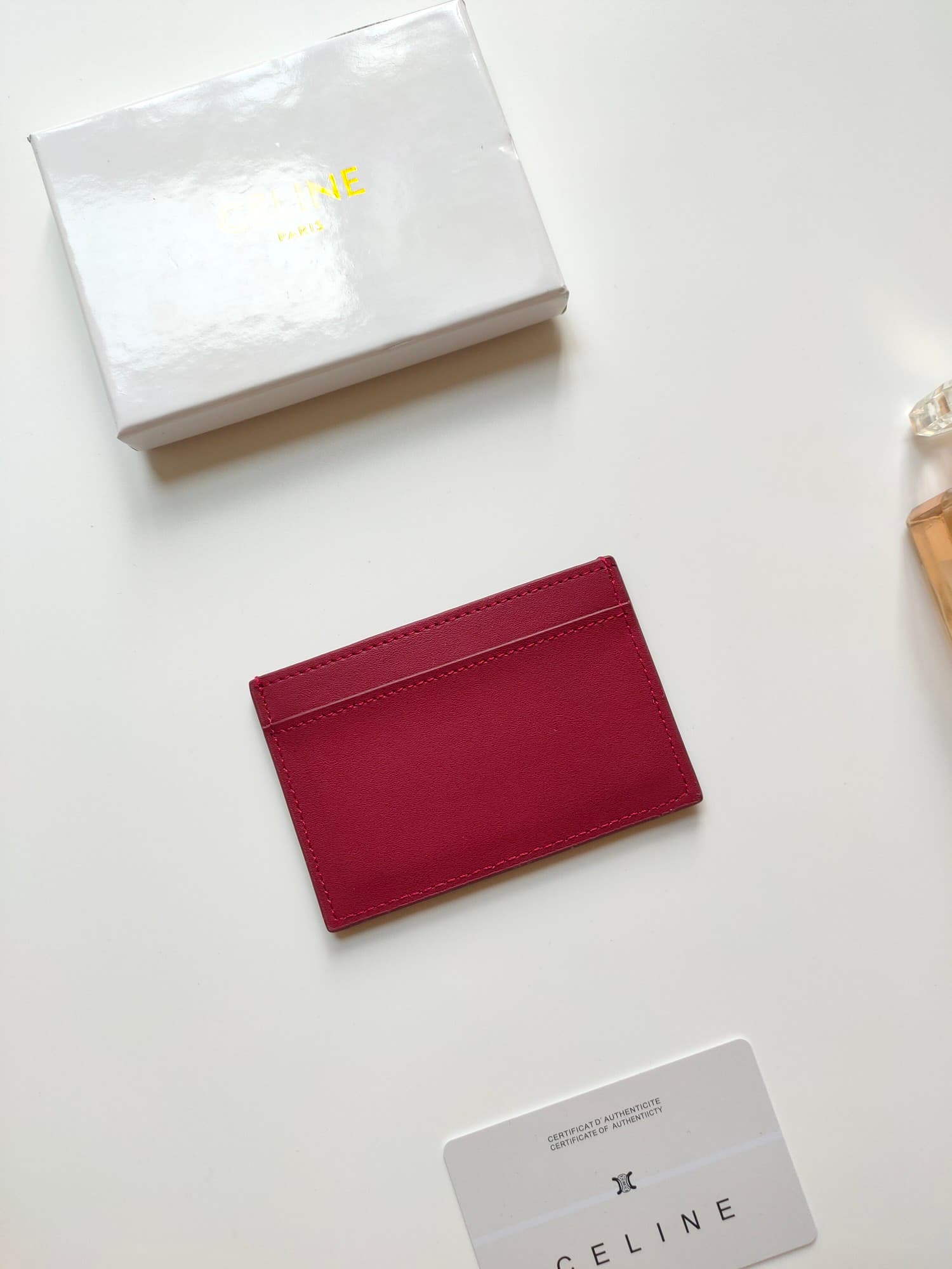 Celine Triomphe card holder in red shiny calfskin leather 10B703 High