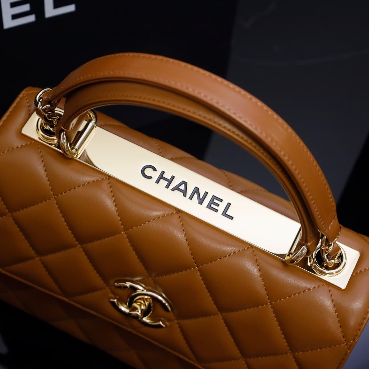 SMALL FLAP BAG WITH TOP HANDLE Lambskin Gold Metal Tan A
