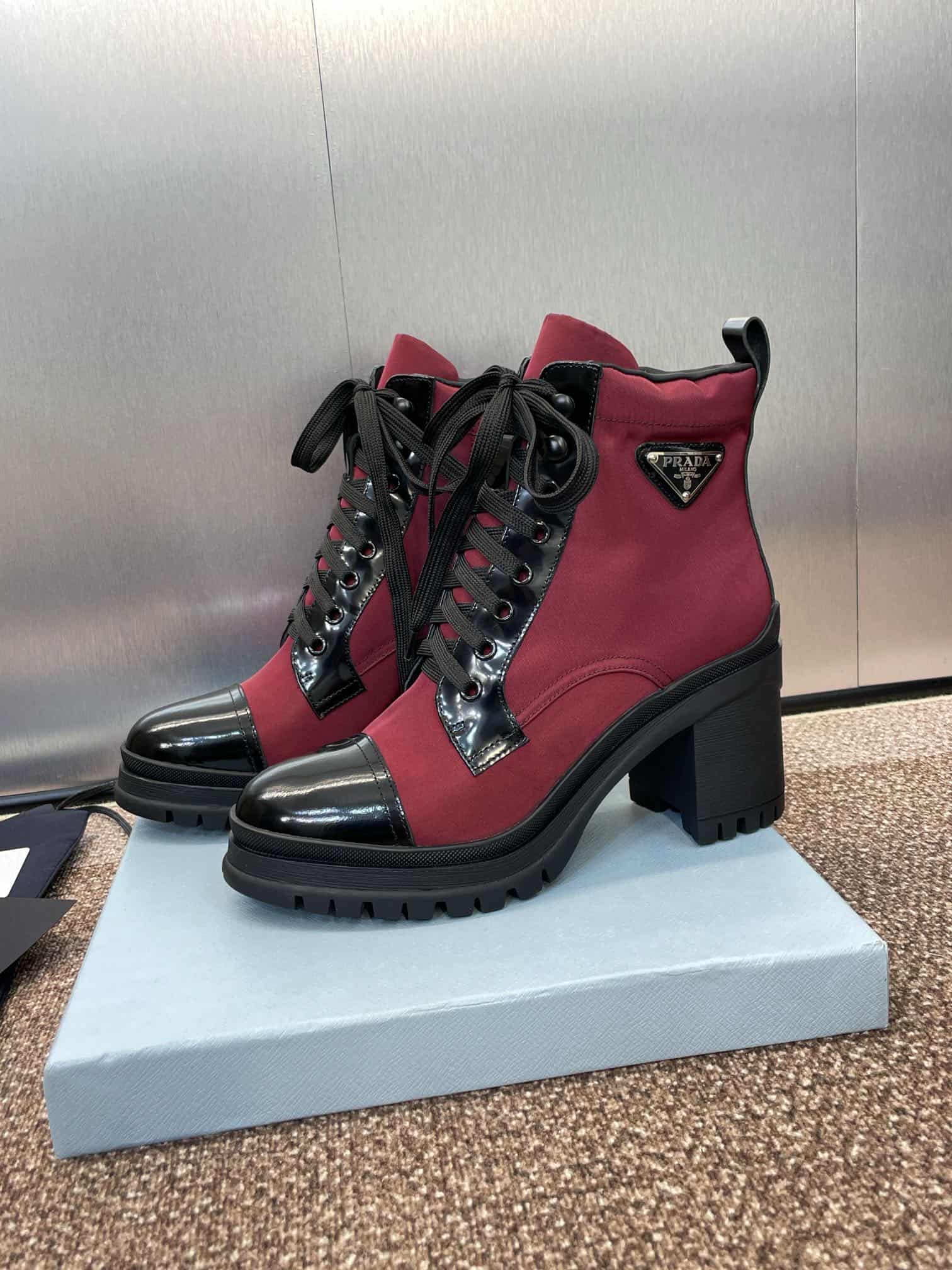 Prada Enameled Metal Triangle Nylon Combat Boots Shoes Medium Women