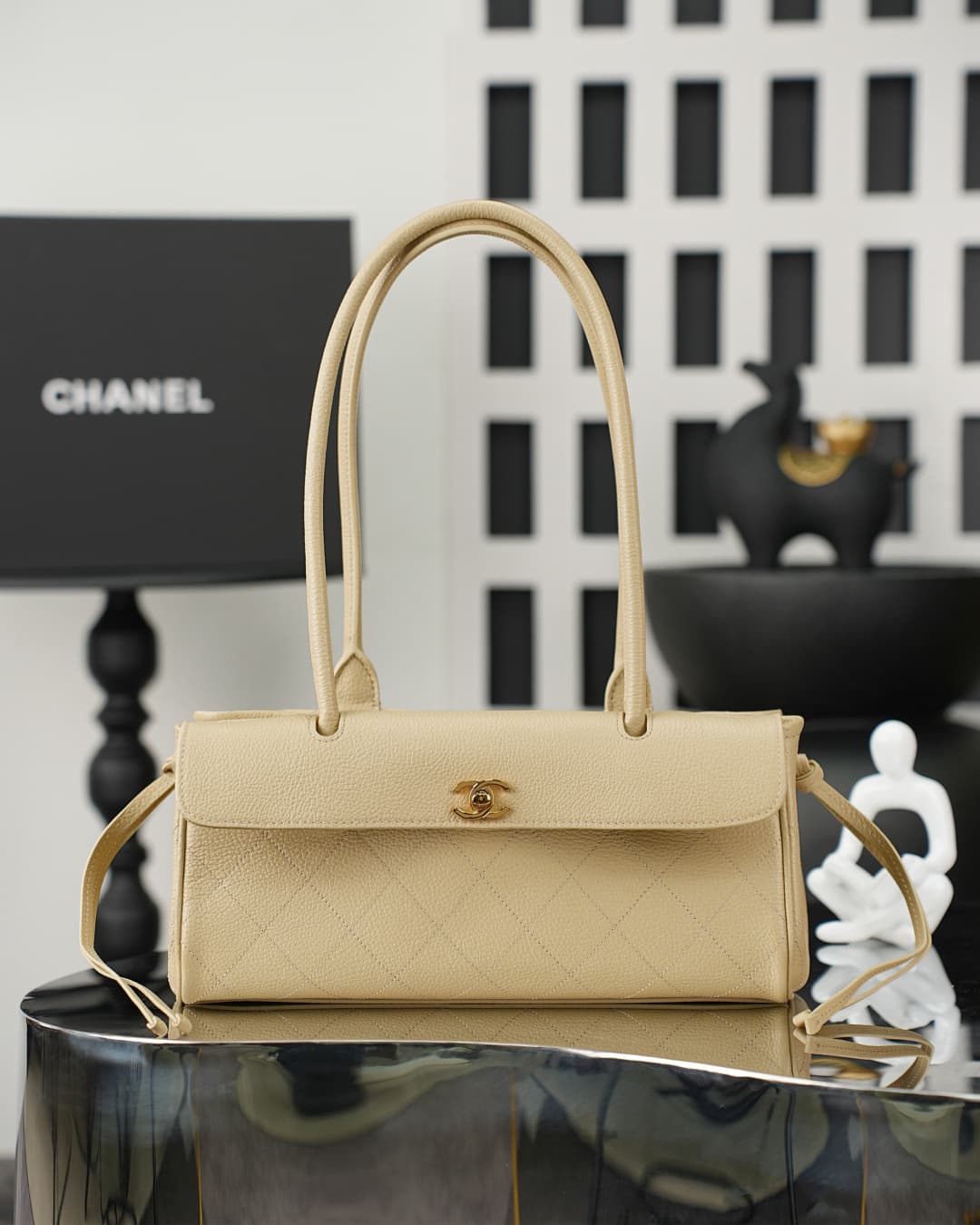 Chanel SMALL SHOPPING BAG Grained Calfskin & Gold-Tone Metal Beige AS6288 A