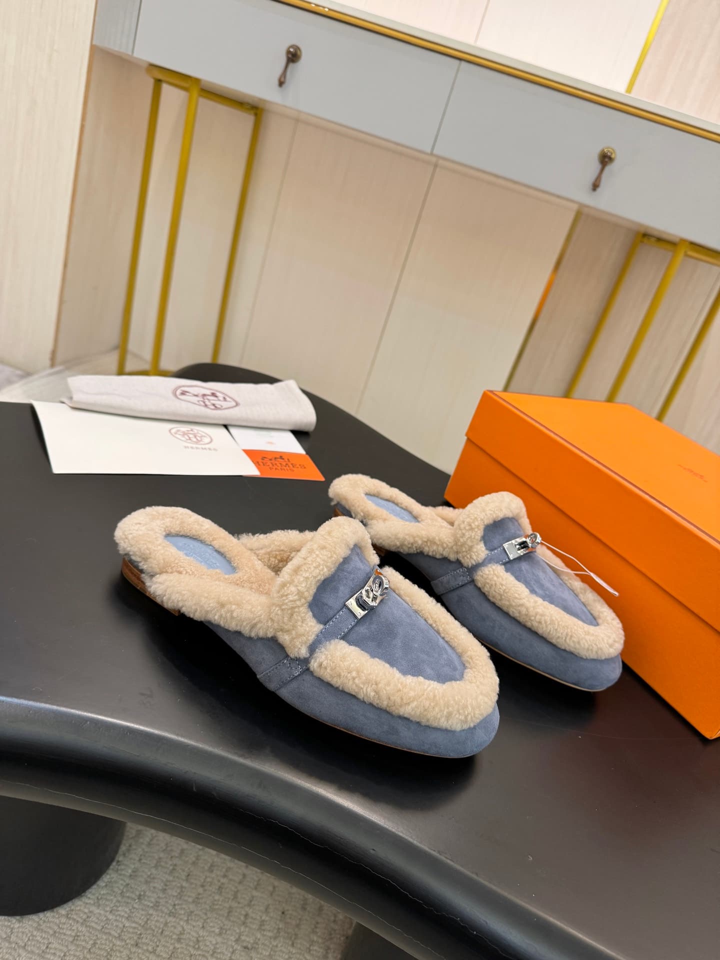 Hermes Oz mules in suede goatskin with Kelly buckle shoes women
