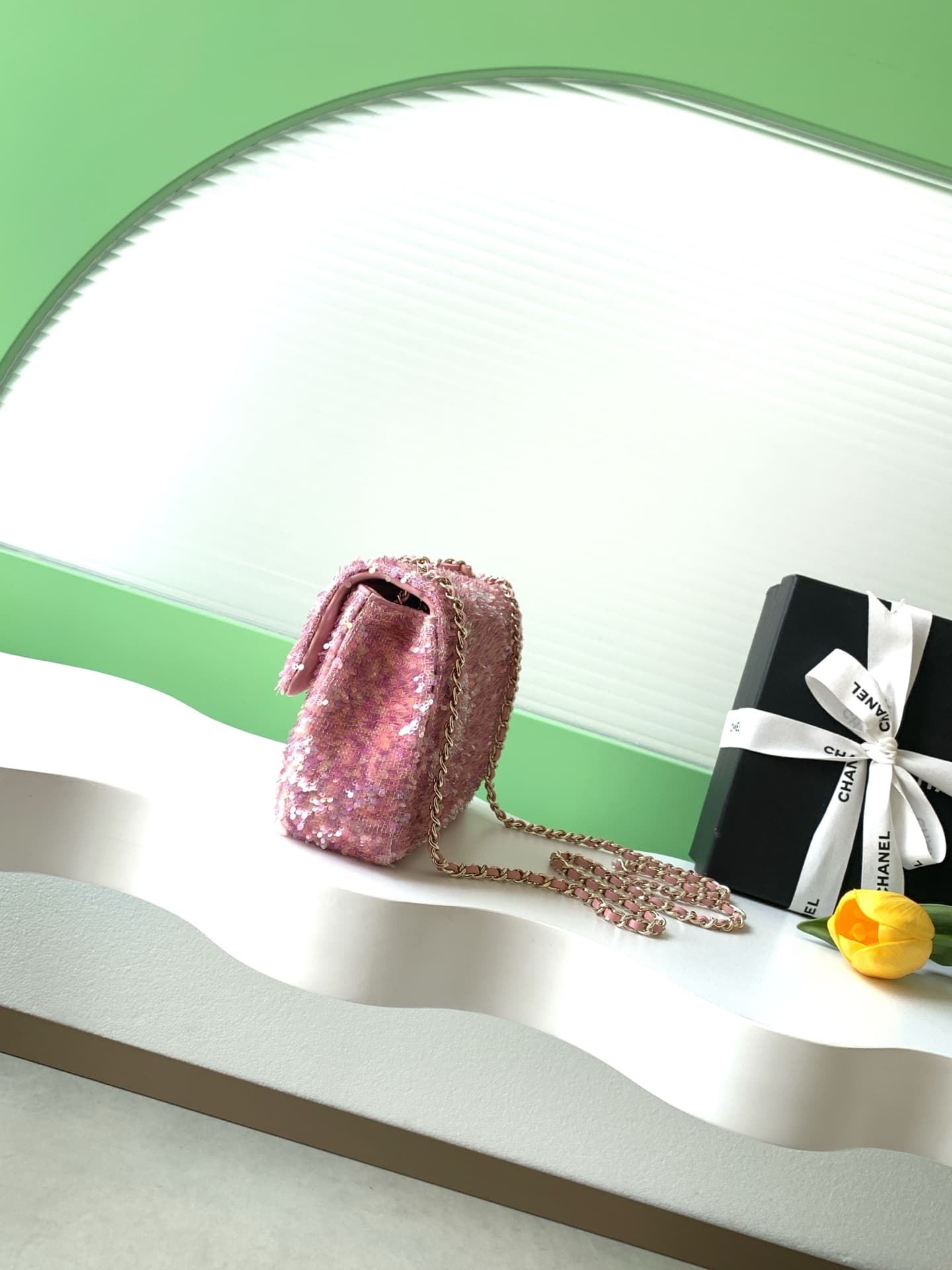 Chanel Flap Bag Sequins & Gold-Tone Metal Pink AS4561  A
