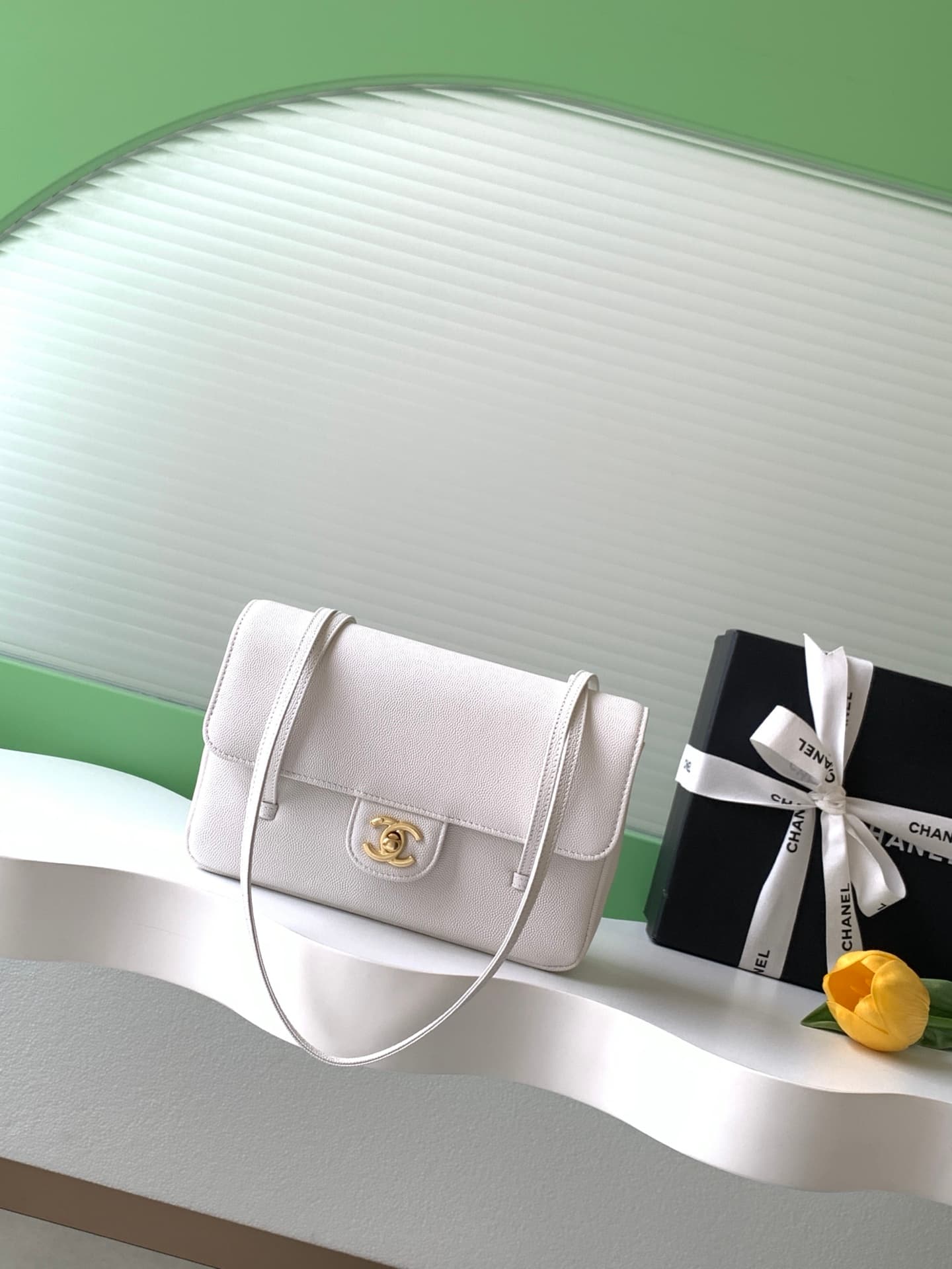 Chanel Small Flap Bag Grained Shiny Calfskin & Gold-Tone Metal AS6130 White High