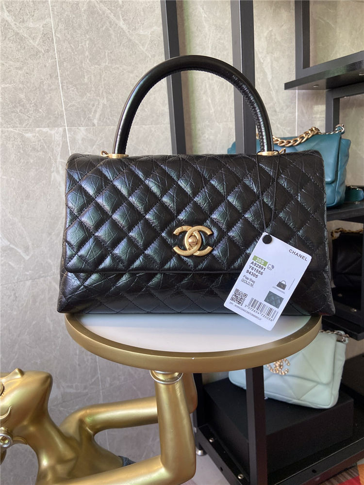 Medium FLAP BAG WITH TOP HANDLE Shiny Calfskin Black Gold Metal High
