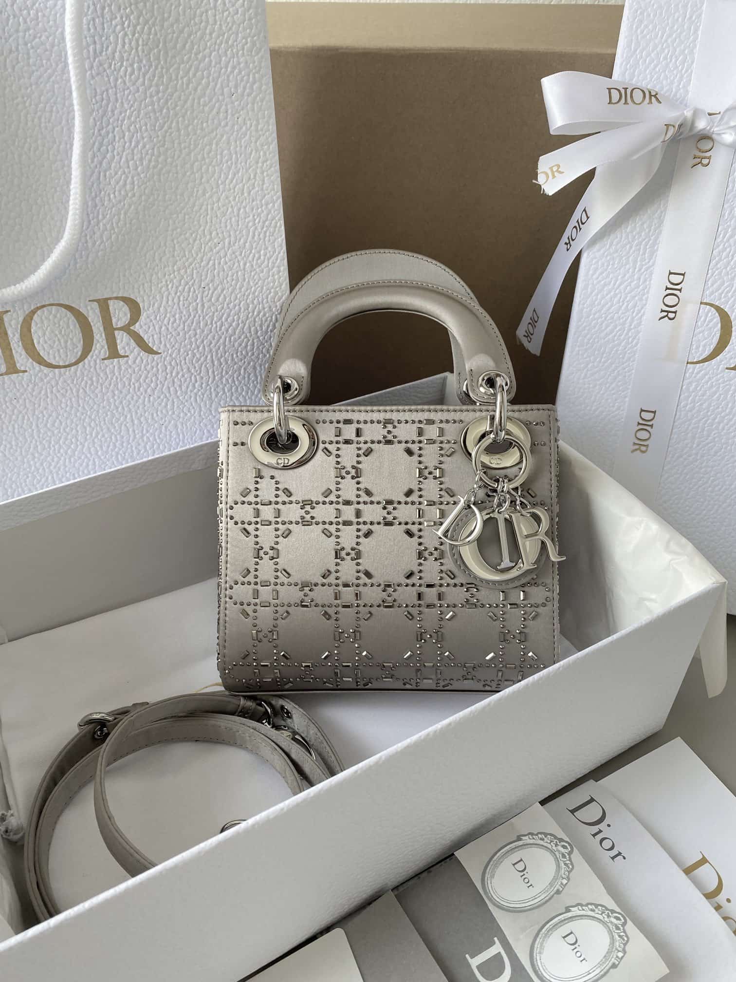 Christian Lady Dior Bag Mini Crystal Embellished Cannage Quilt Satin Grey High