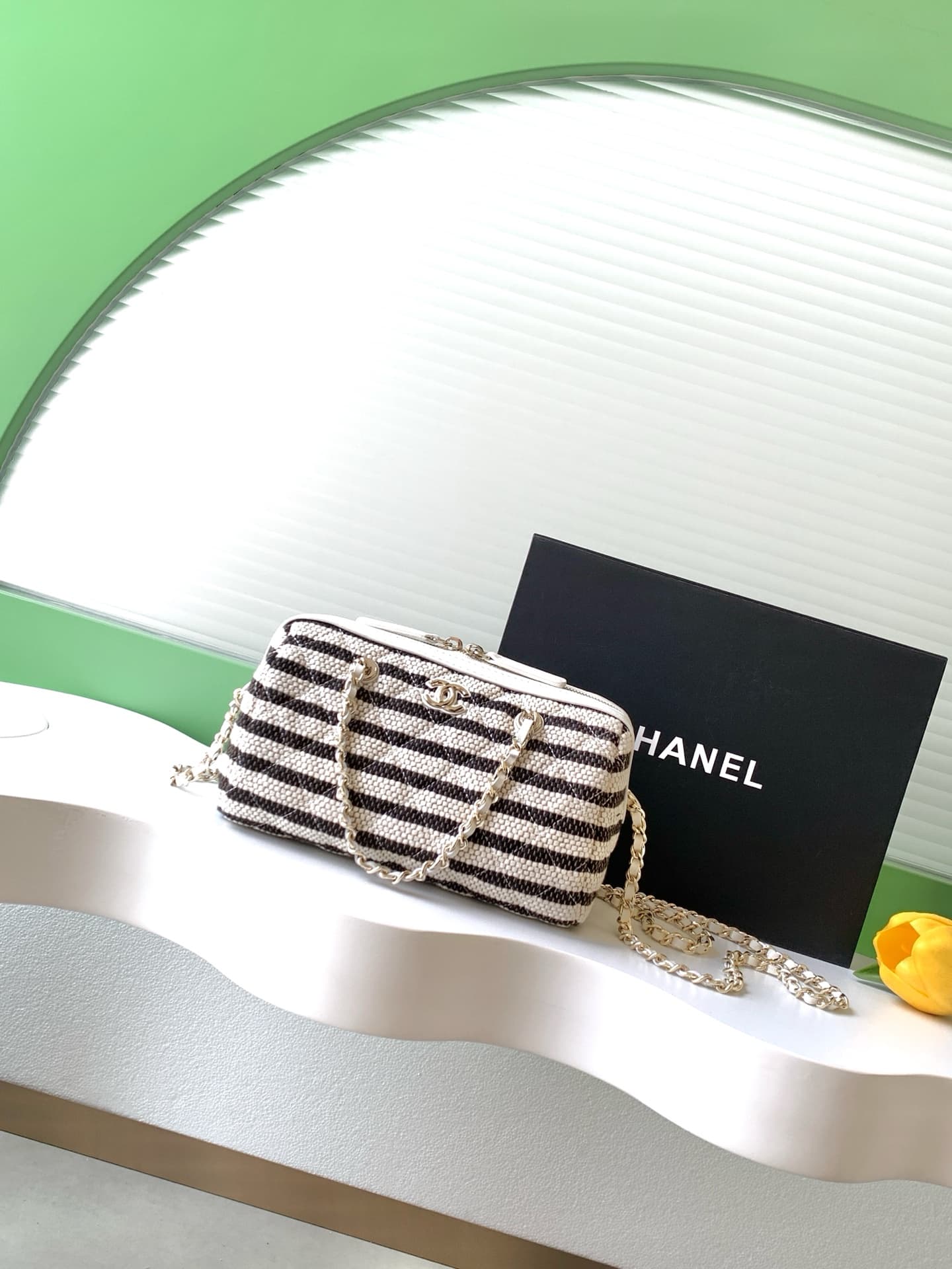 Chanel Clutch with Chain Printed Fabric & Gold-Tone Metal Beige & Light Black AP4986 A