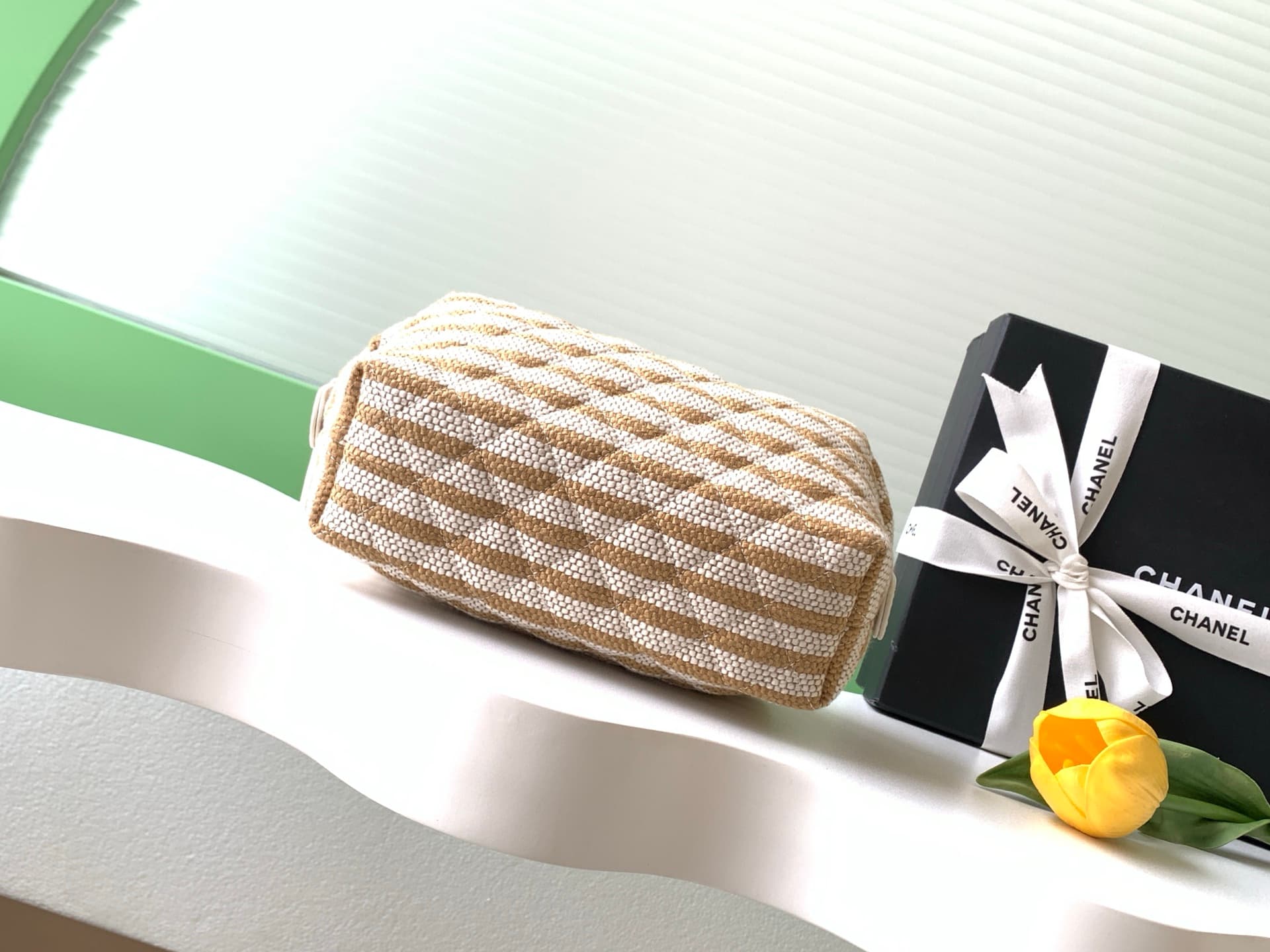 CHANEL Stripe Cosmetic Pouch Bag Printed fabric & Gold-Tone Metal Beige & Light Beige AP4990 A