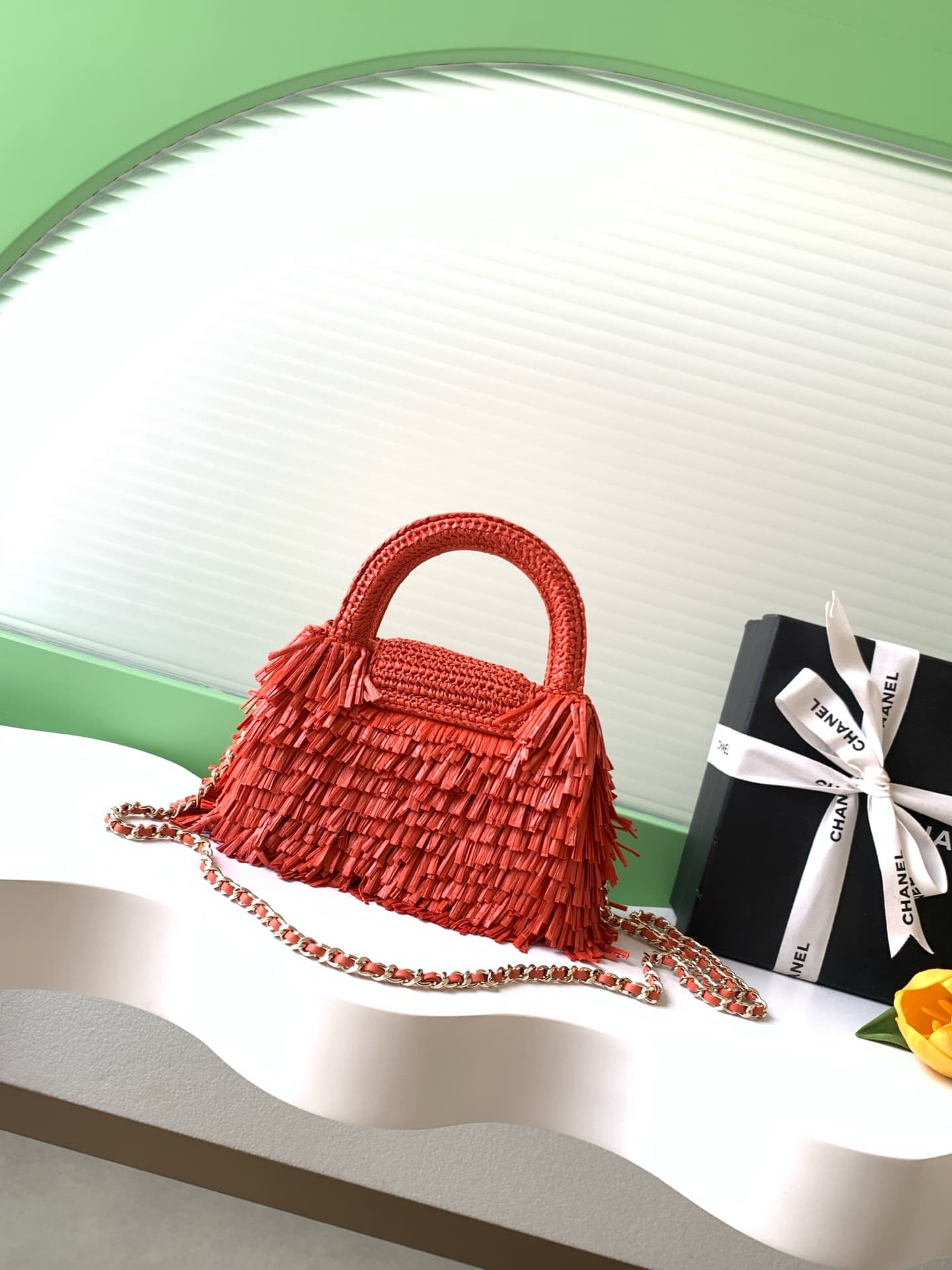 Chanel Mini Shopping Bag Raffia-Effect Fabric, Wood & Gold-Tone Metal Red AS4416 A