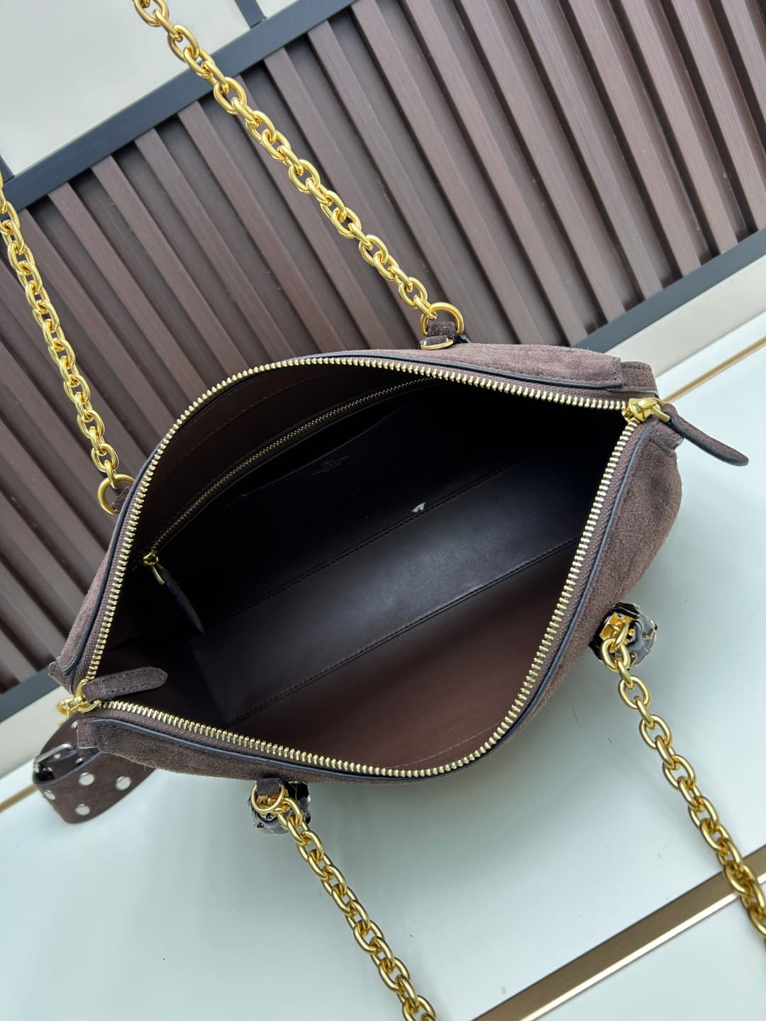 Valentino VLogo Garavani Panthea Shoulder Bag Dark Coffee Suede Mid