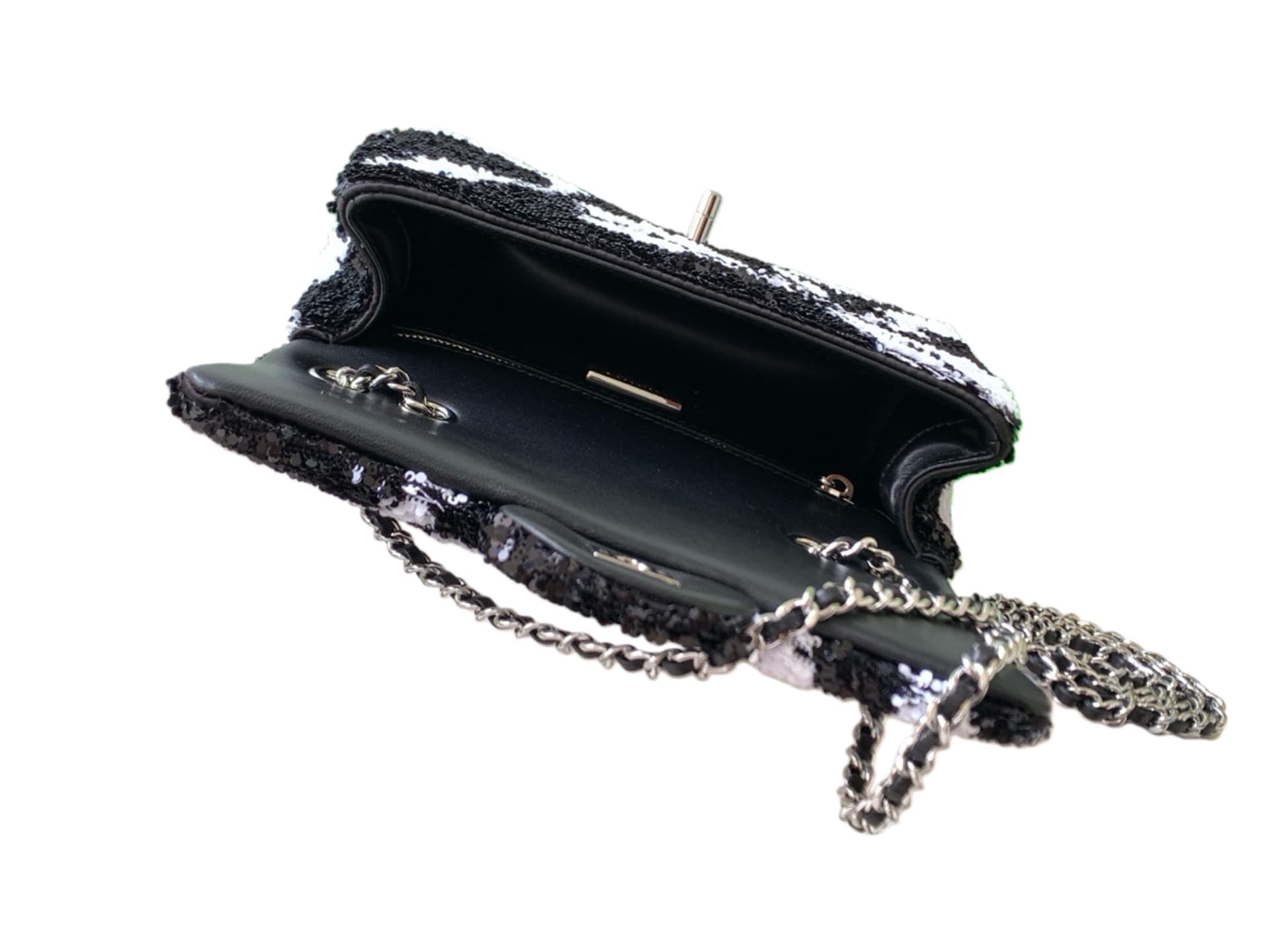 Chanel Classic Mini Flap Bag Sequins Embroidery & Gold-Tone Metal Black White 6171 A