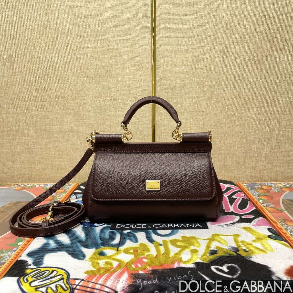 Dolce & Gabbana Miss Sicily top handle bag calfskin leather Chocolate high