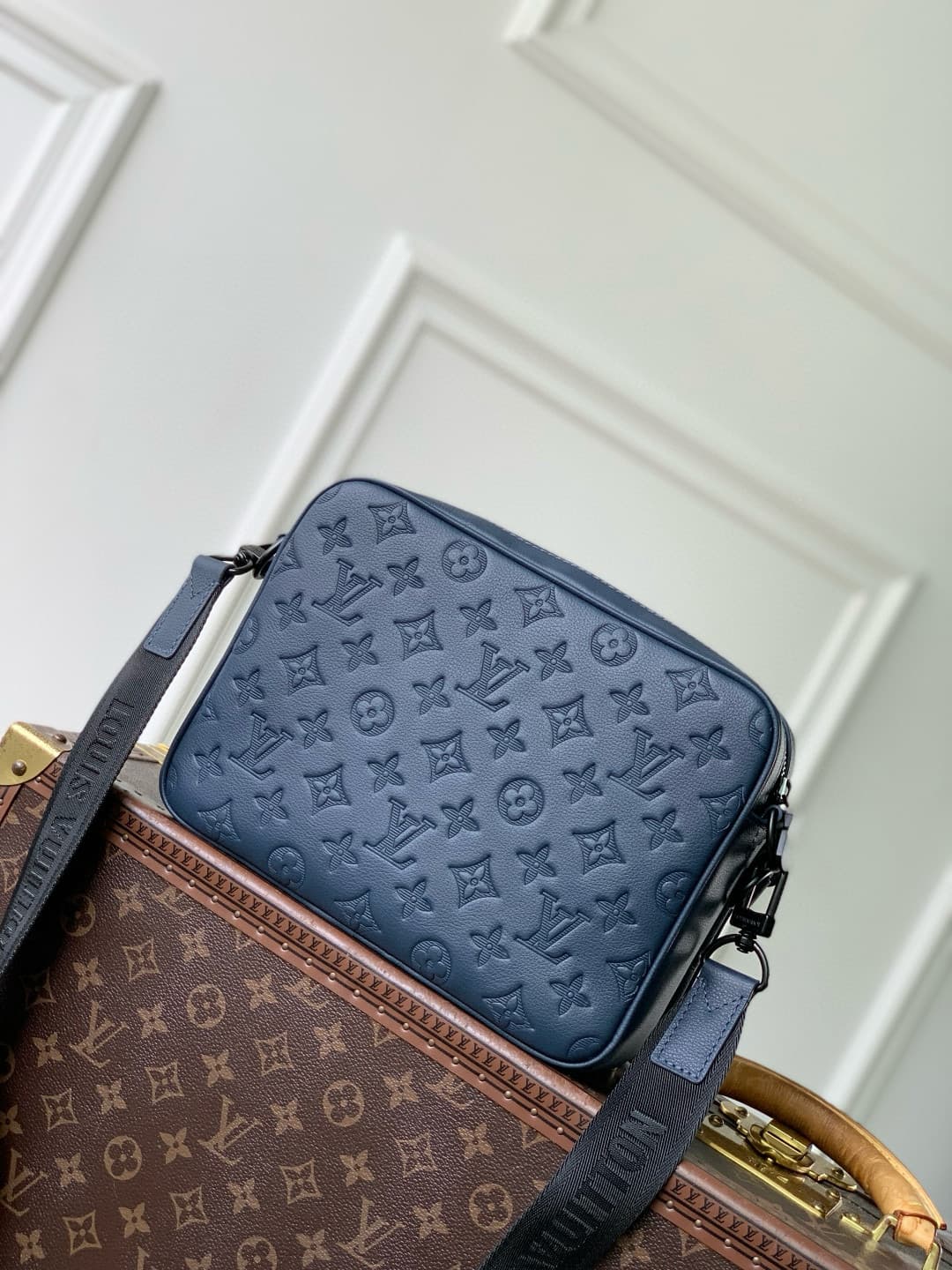 Louis Vuitton Trio Messenger Navy Blue Monogram Shadow calfskin leather M27925 High