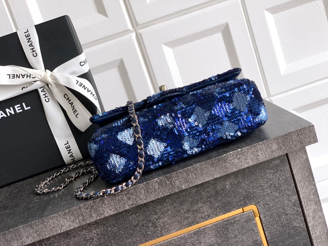 Chanel Classic Mini Flap Bag Sequins Embroidery & Gold-Tone Metal Blue 6171 A