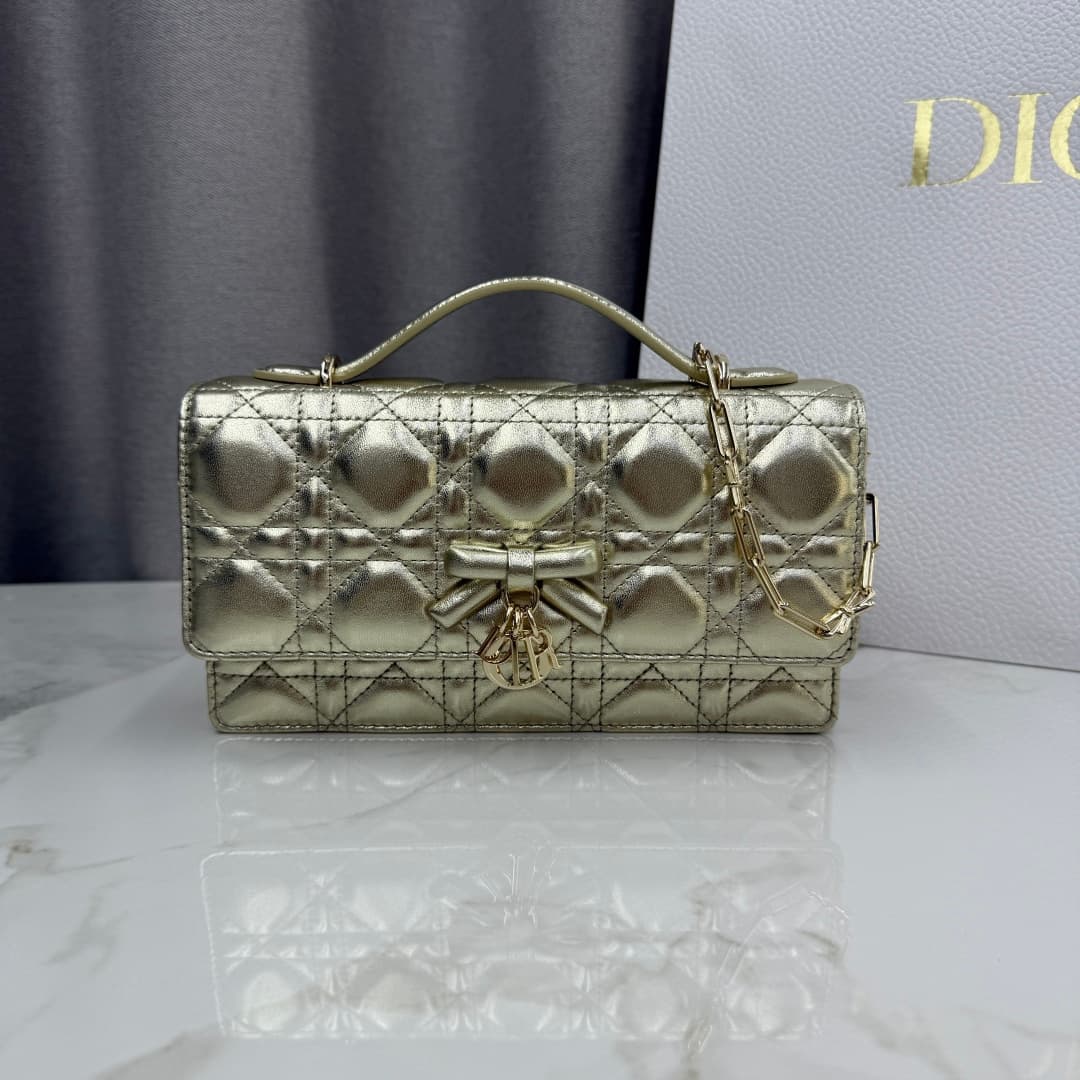 My Dior Mini Bag Metallic Pale Gold Cannage Lambskin With Leather Bow High