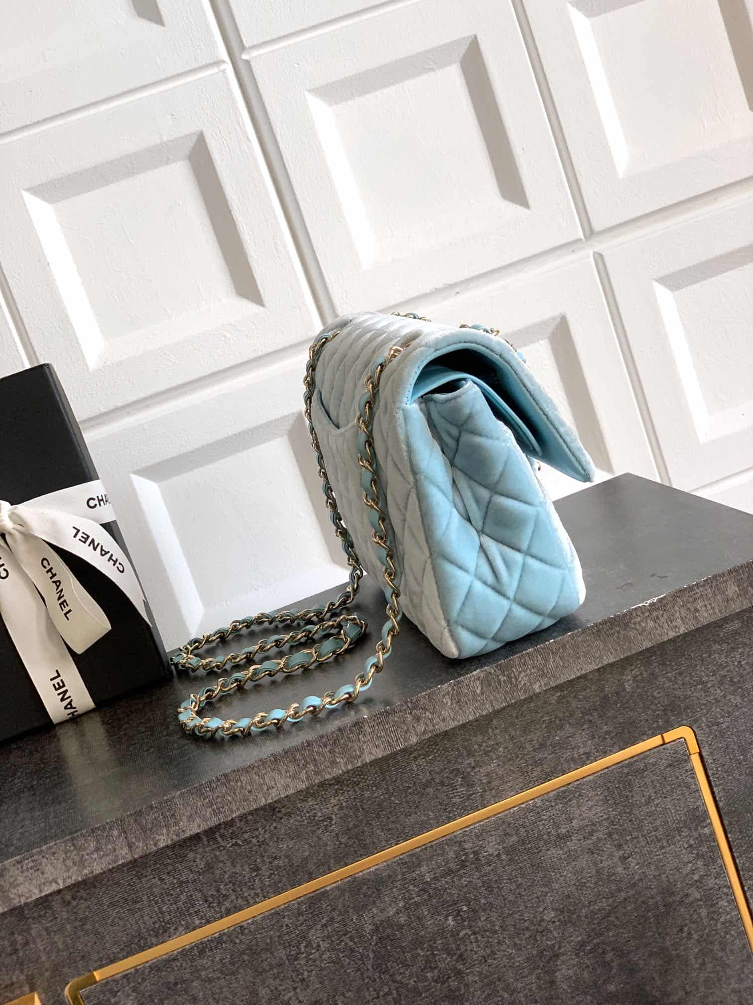 Chanel Medium CLASSIC HANDBAG Velvet  & Gold-Tone Metal Light Blue A