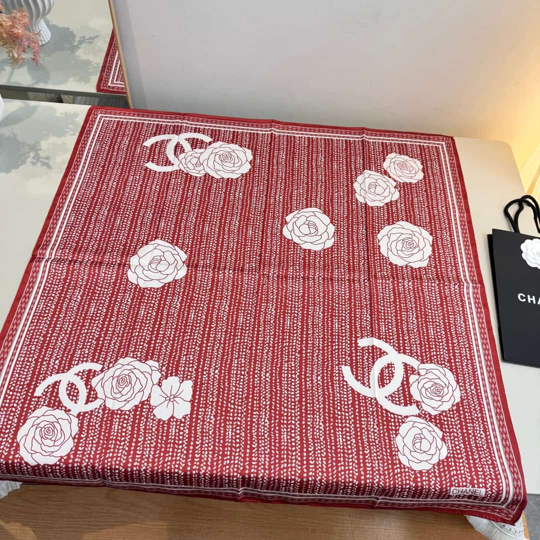 Chanel Camellia Flower Print Silk Square Scarf