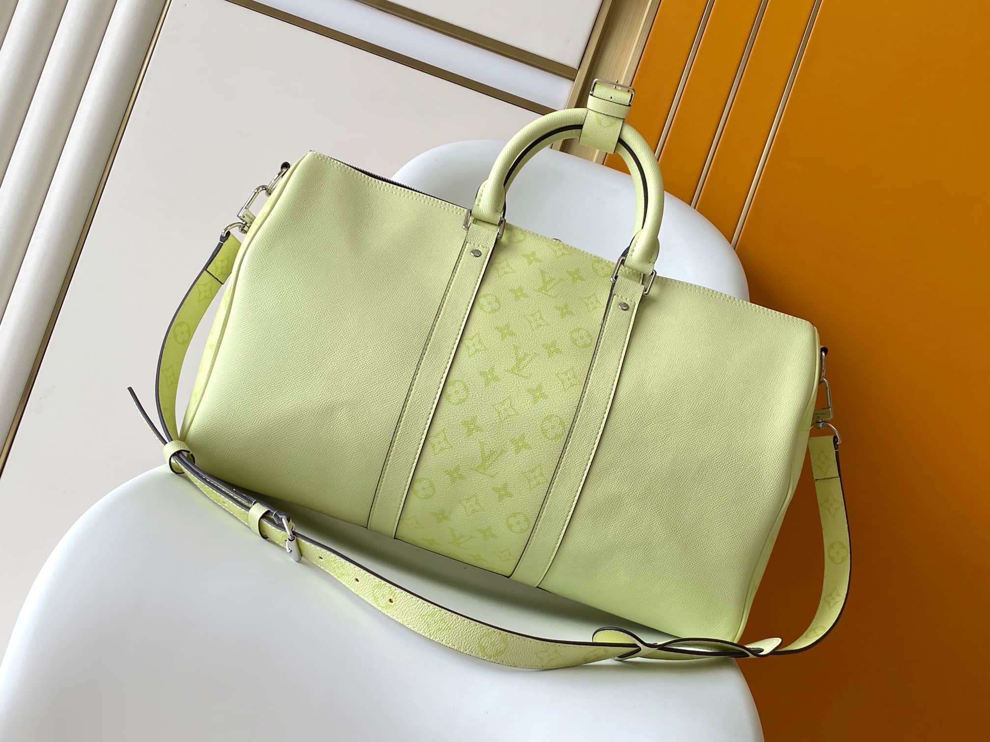Louis Vuitton Keepall Bandoulière 45 Lemon Yellow Monogram coated canvas and Taiga cowhide leather M14124 High