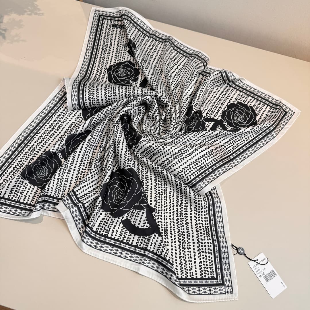 Chanel Camellia Flower Print Silk Square Scarf