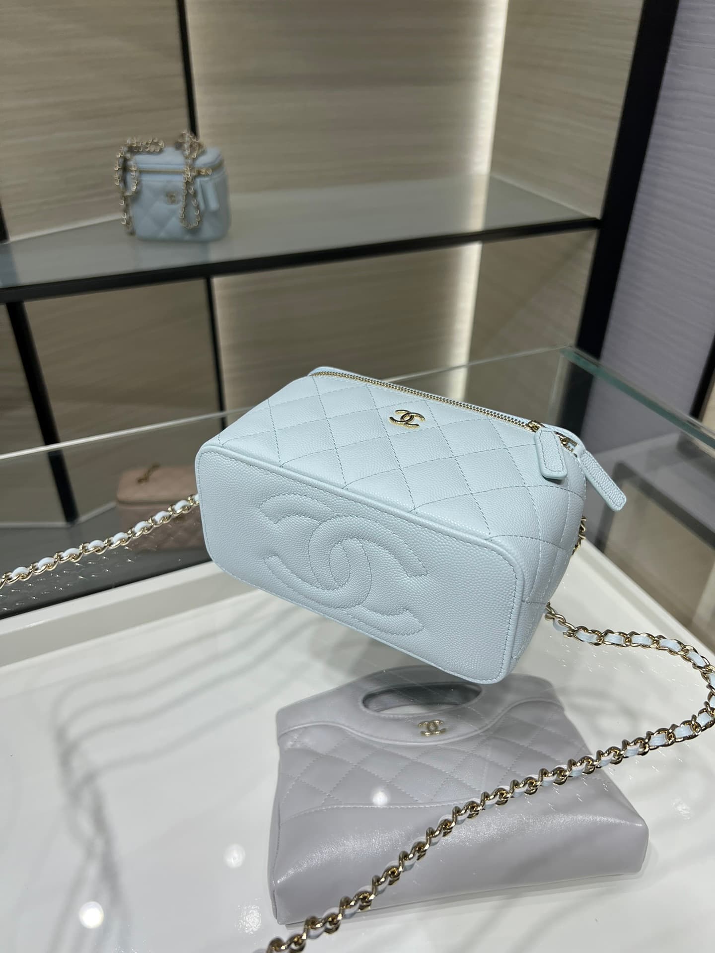 Chanel Classic Long Vanity with Chain Grained Calfskin & Gold-Tone Metal Light Blue AP1341 High