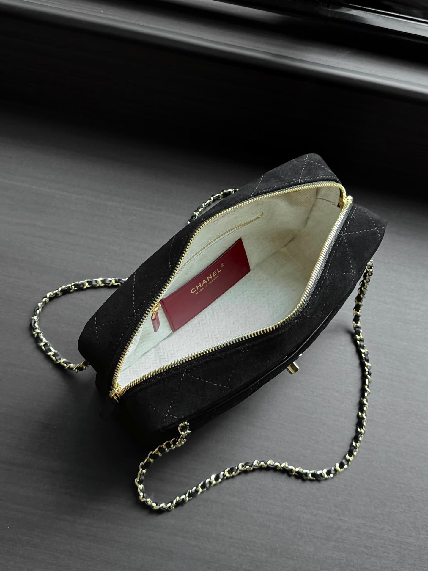 Chanel Maxi Camera Case Suede Calfskin & Gold Metal Black AS6443 A