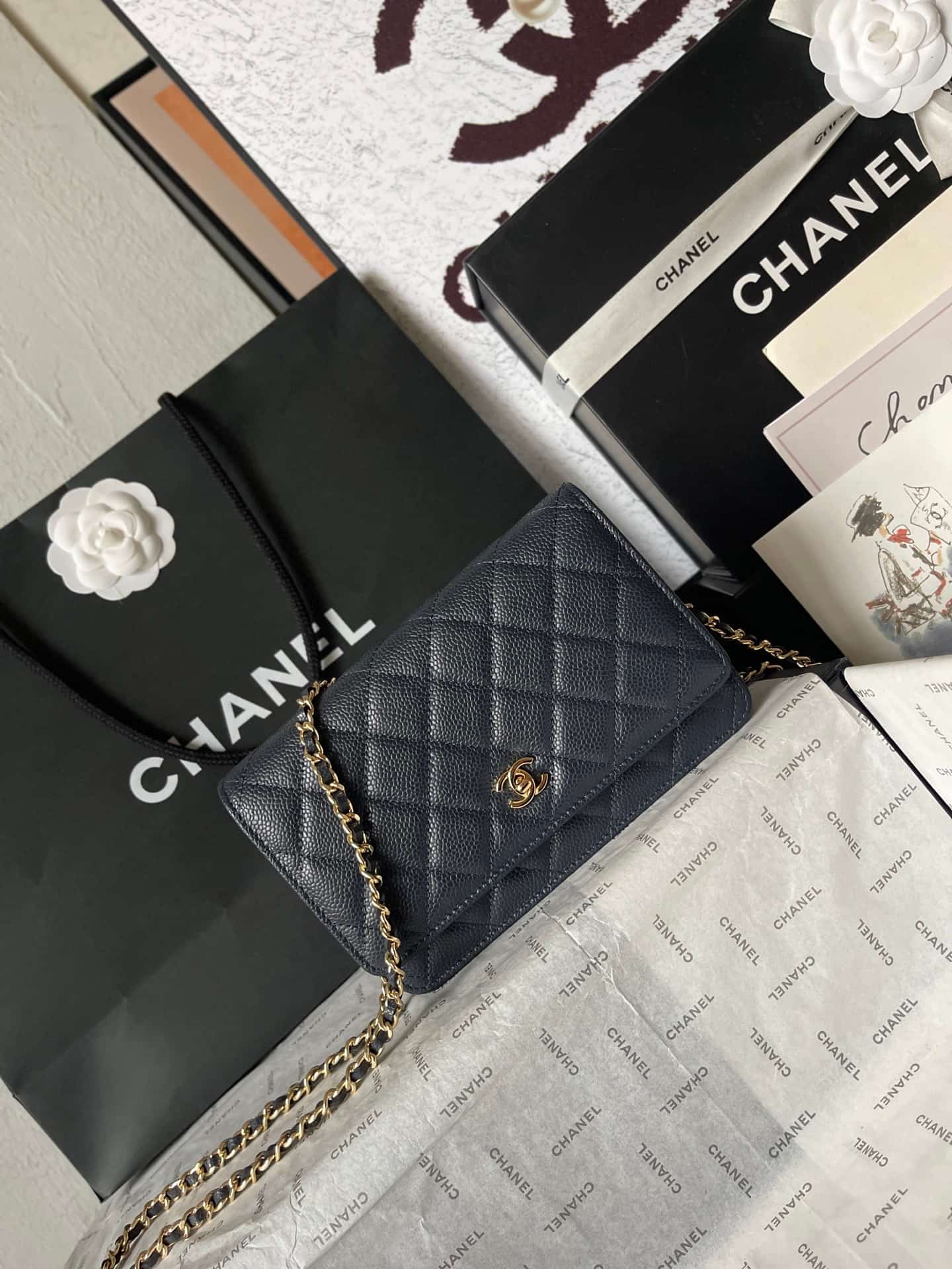 Chanel Classic Wallet on Chain Grained Shiny Calfskin & Gold-Tone Metal AP4241 Dark Blue A