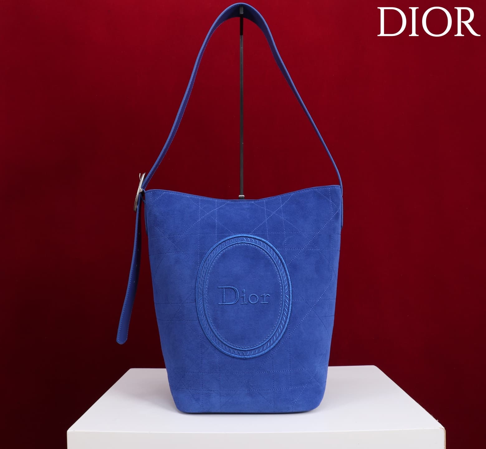 Dior Macrocannage Blue Suede Leather Medium Bucket Bag High