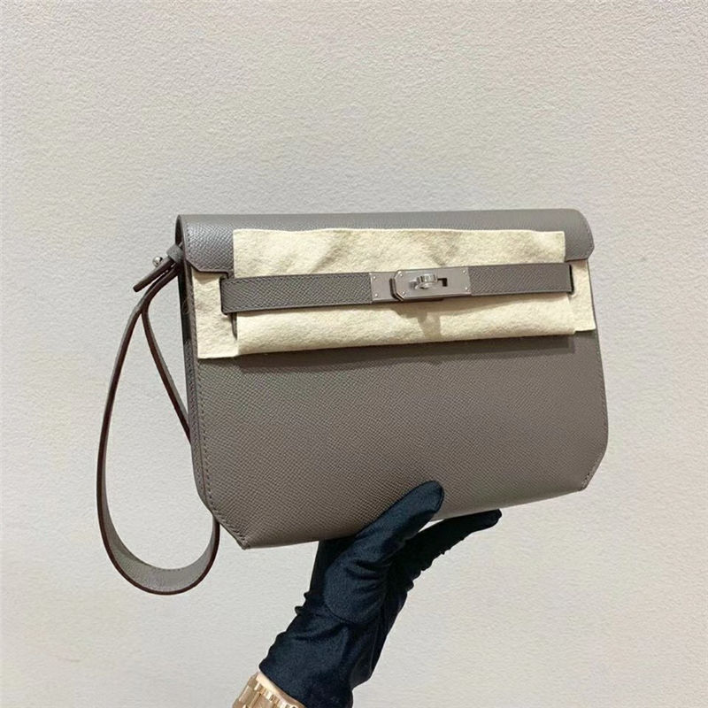 Hermes Kelly Depeches 25 Pouch Epsom Leather Etain WAX High