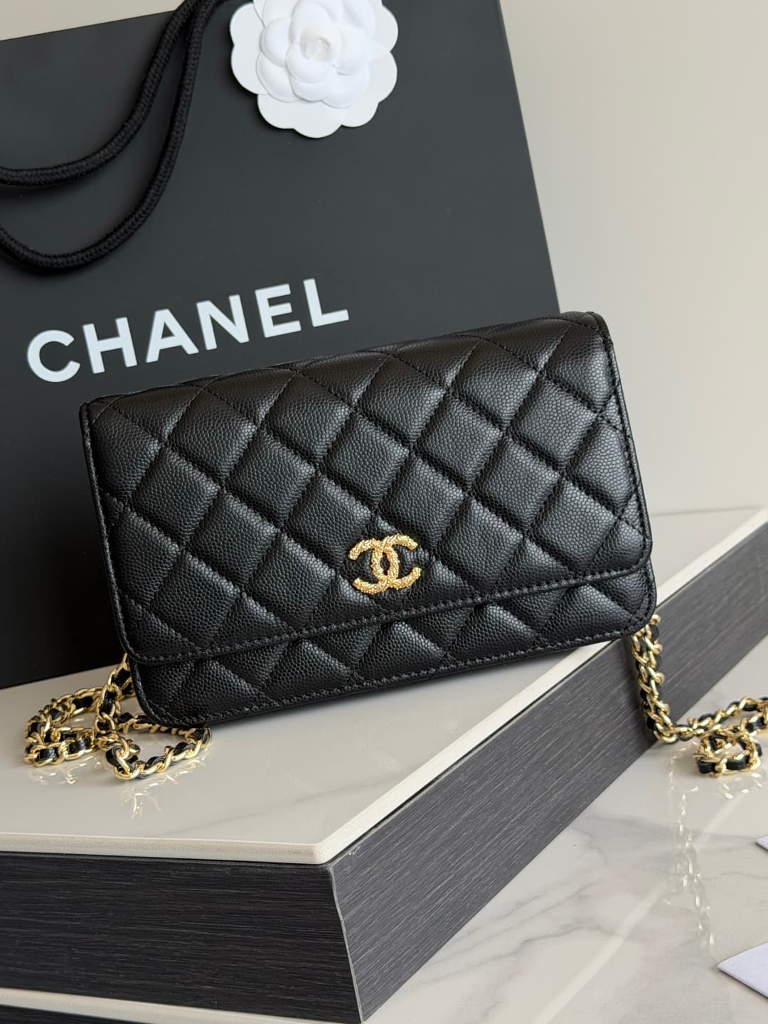 Chanel Wallet on Chain Shiny Grained Calfskin Strass & Gold-Tone Metal Black AP5073 High