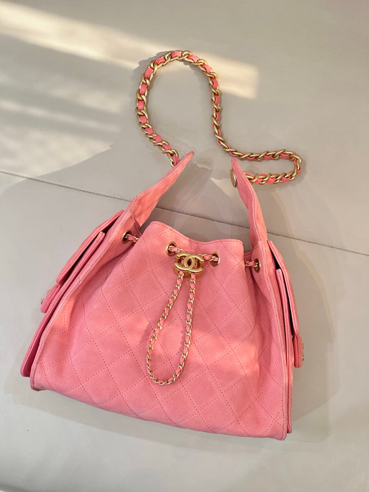 Chanel 25 Small Hobo handbag AS5293 Suede&Gold-tone Metal Peach TOP