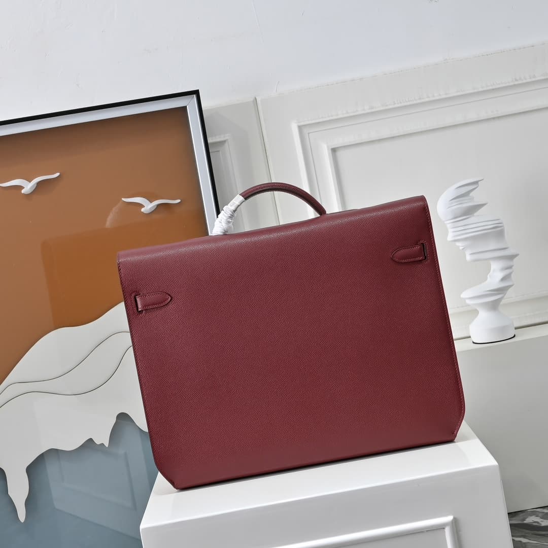 Hermes Kelly depeches Epsom 36 briefcase In Burgundy Silver Metal CalfskIn WAX High