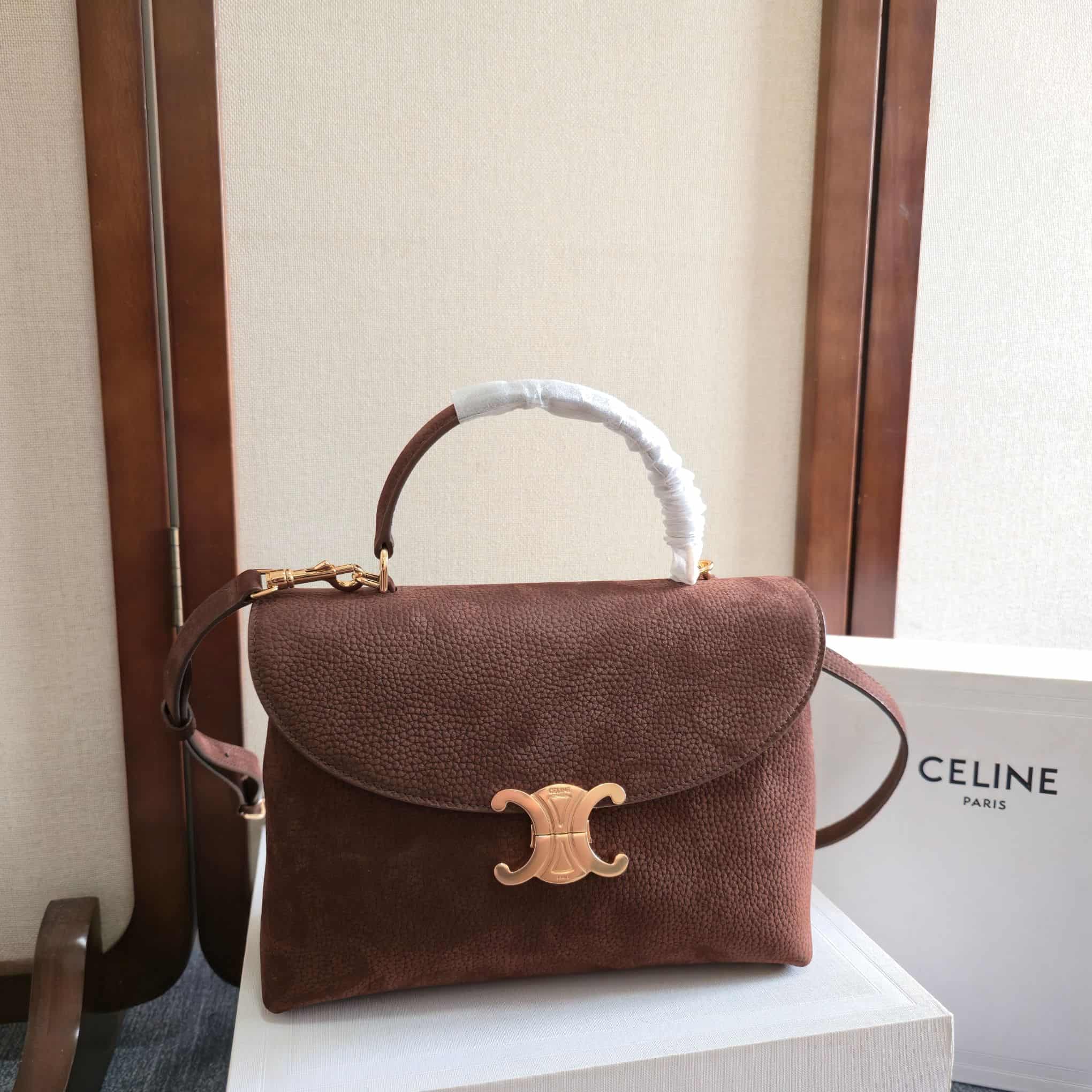 Celine Small Nino Bag in Chestnut Grained Nubuck Calfskin High