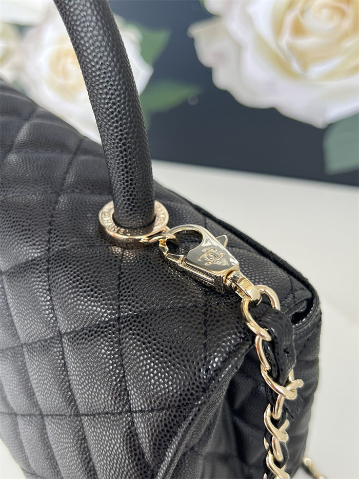Medium FLAP BAG WITH TOP HANDLE Grained Calfskin Black-binding Gold Metal High