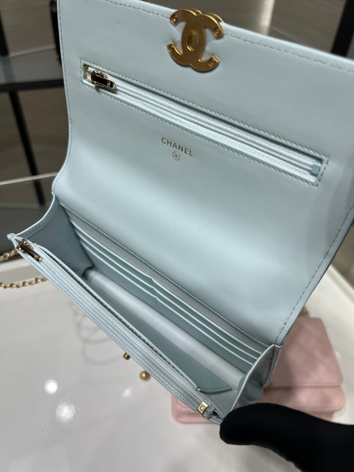 Chanel Wallet on Chain Shiny Calfskin & Gold-Tone Metal Light Blue AP2289 High