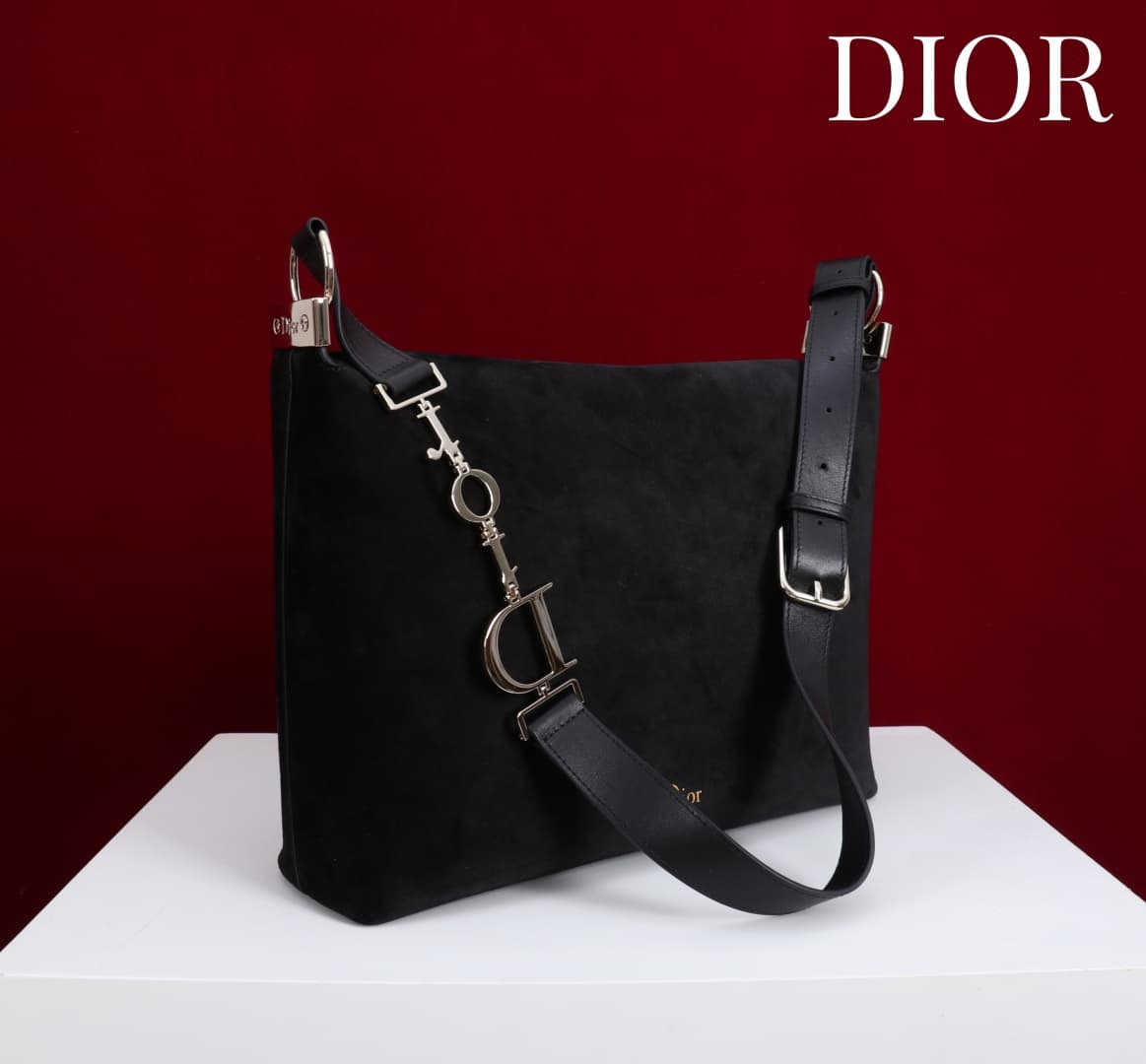 Medium Diorly Bag Black Suede Calfskin Gold lettering High