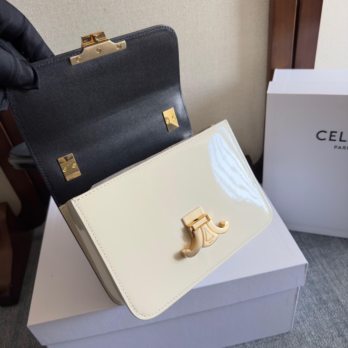 Celine Teen Garance Shoulder Bag in Black-White Patent Calfskin High