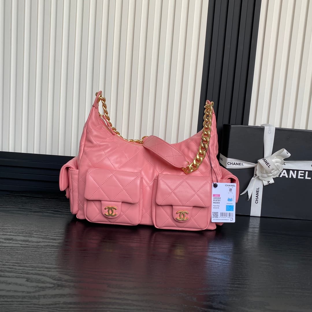 Chanel Trendy Pockets Hobo Bag Lambskin & Gold Metal Pink AS5302 A