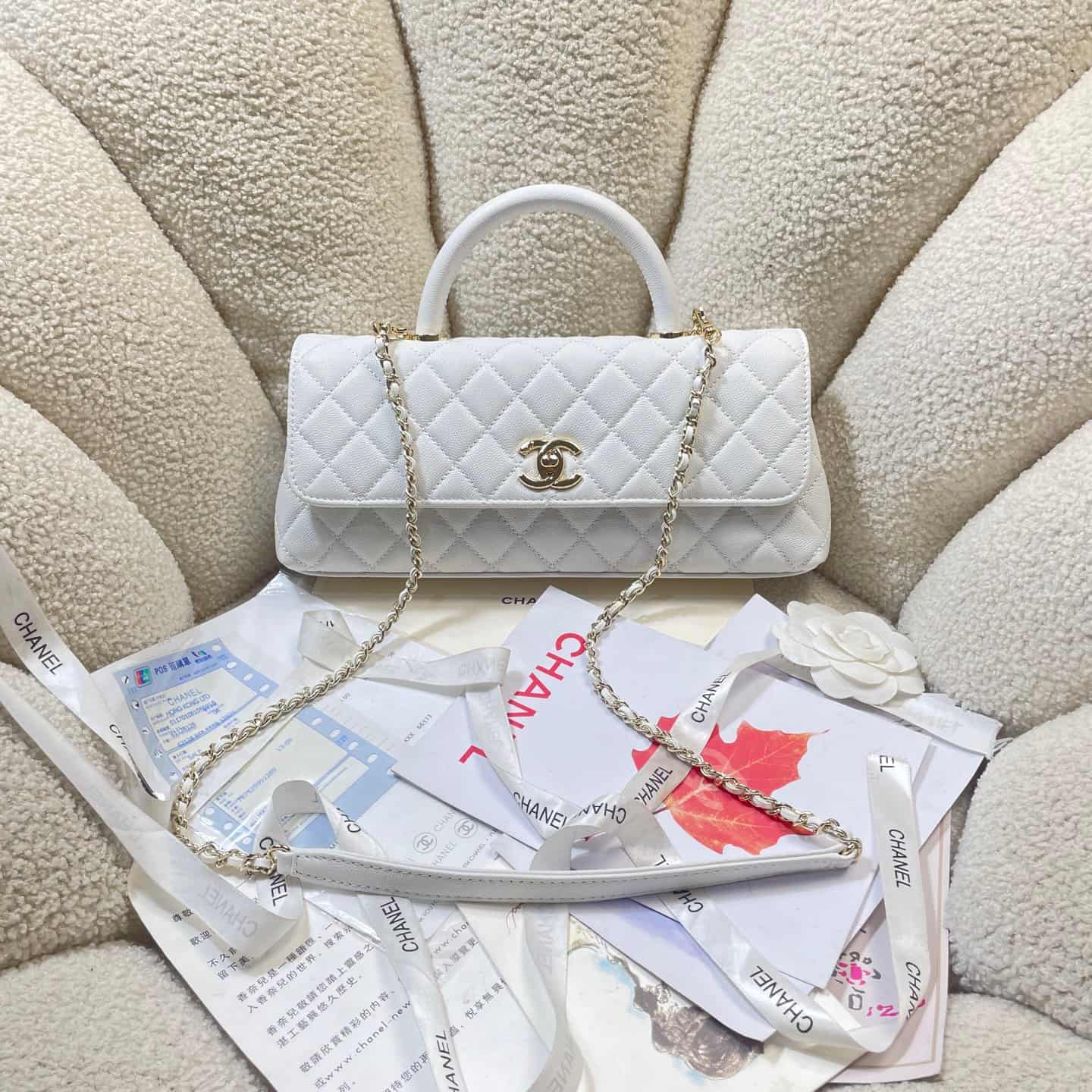 Chanel Maxi Flap Bag with Top Handle Grained Calfskin& Gold-Tone Metal AS6091 White A