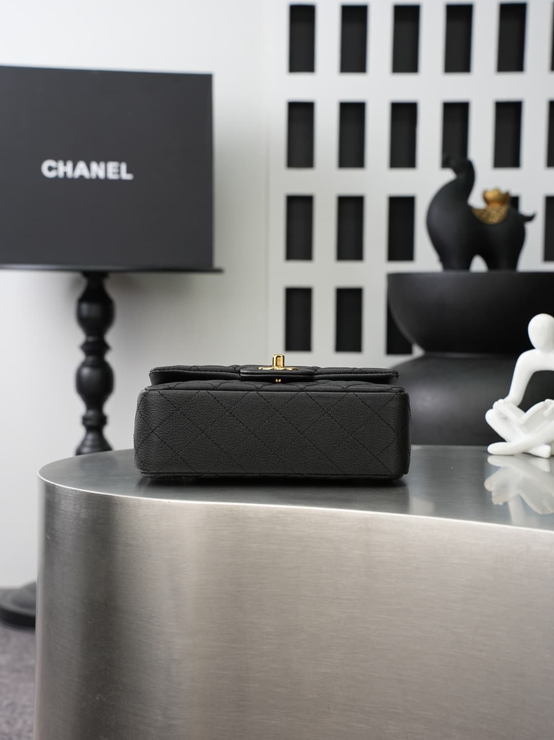 Chanel FLAP BAG WITH TOP HANDLE AS2431 Calfskin & Gold-Tone Metal Black A